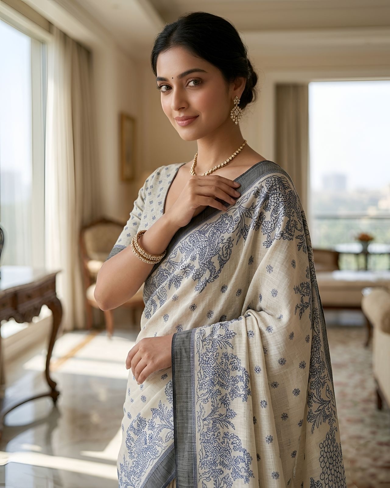 Blue Peacock Heritage Printed Linen Saree