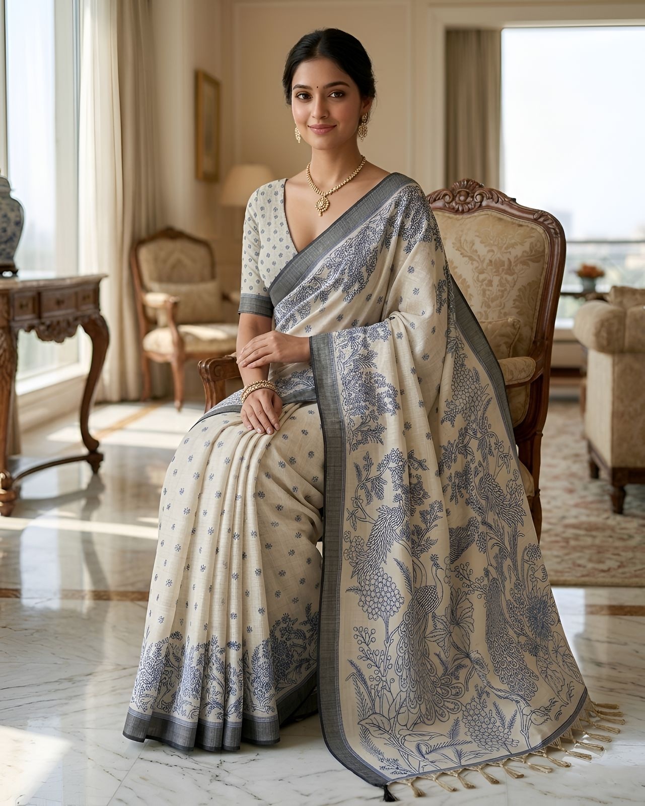 Blue Peacock Heritage Printed Linen Saree