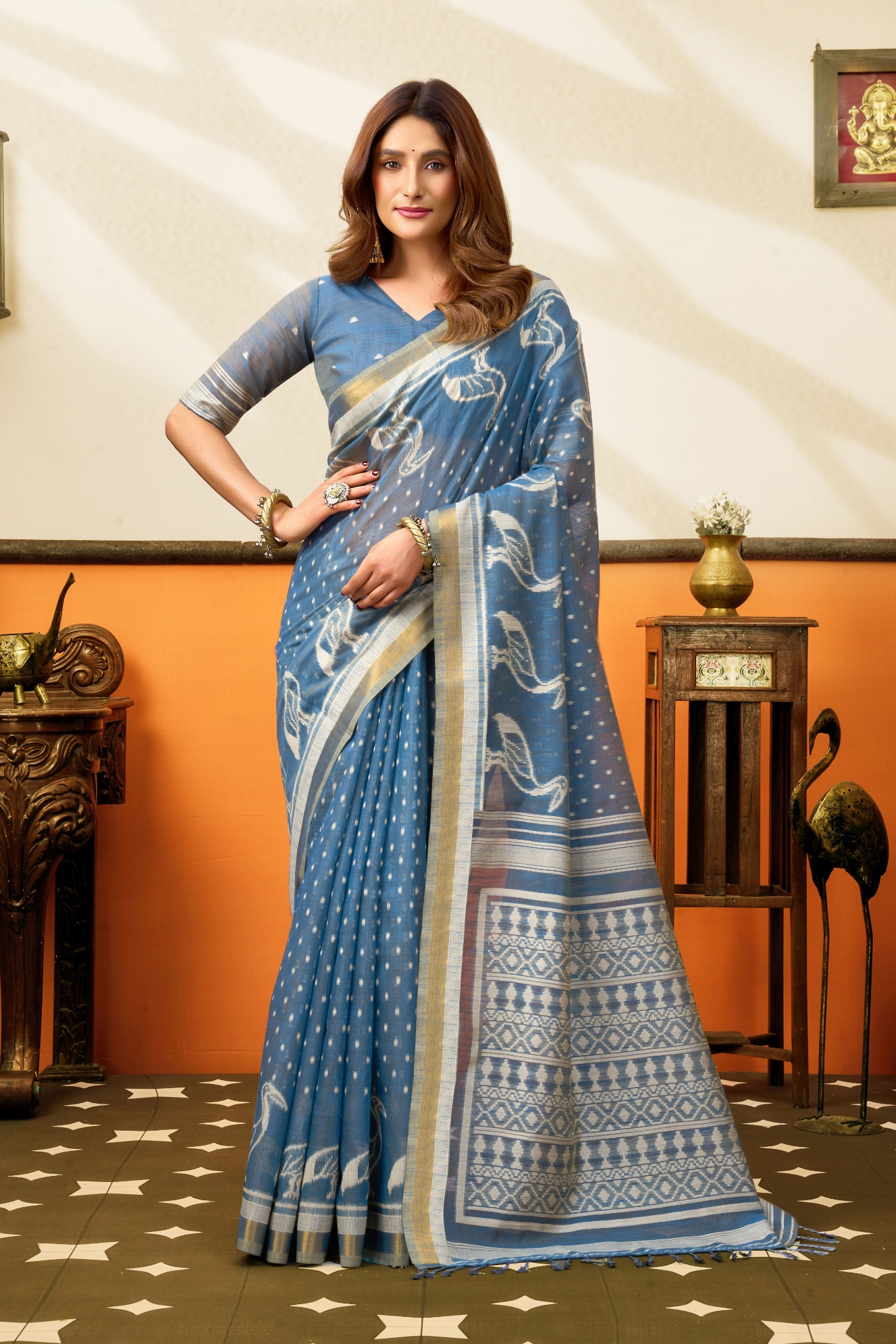Blue Peacock Motif Jacquard Weaving Cotton Saree