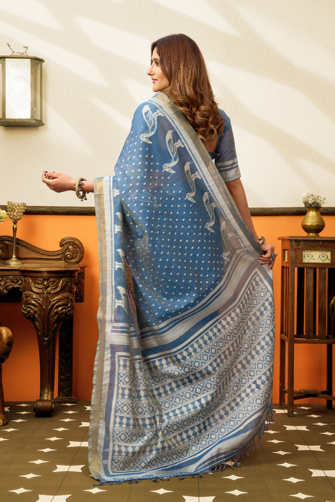 Blue Peacock Motif Jacquard Weaving Cotton Saree — alternate view