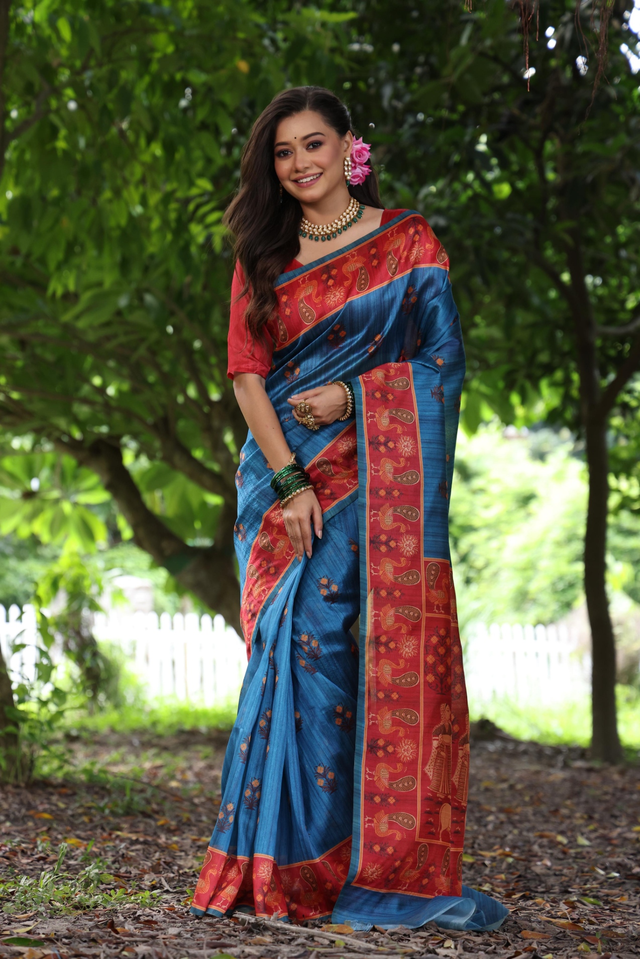 Blue Peacock Printed Tussar Silk Saree