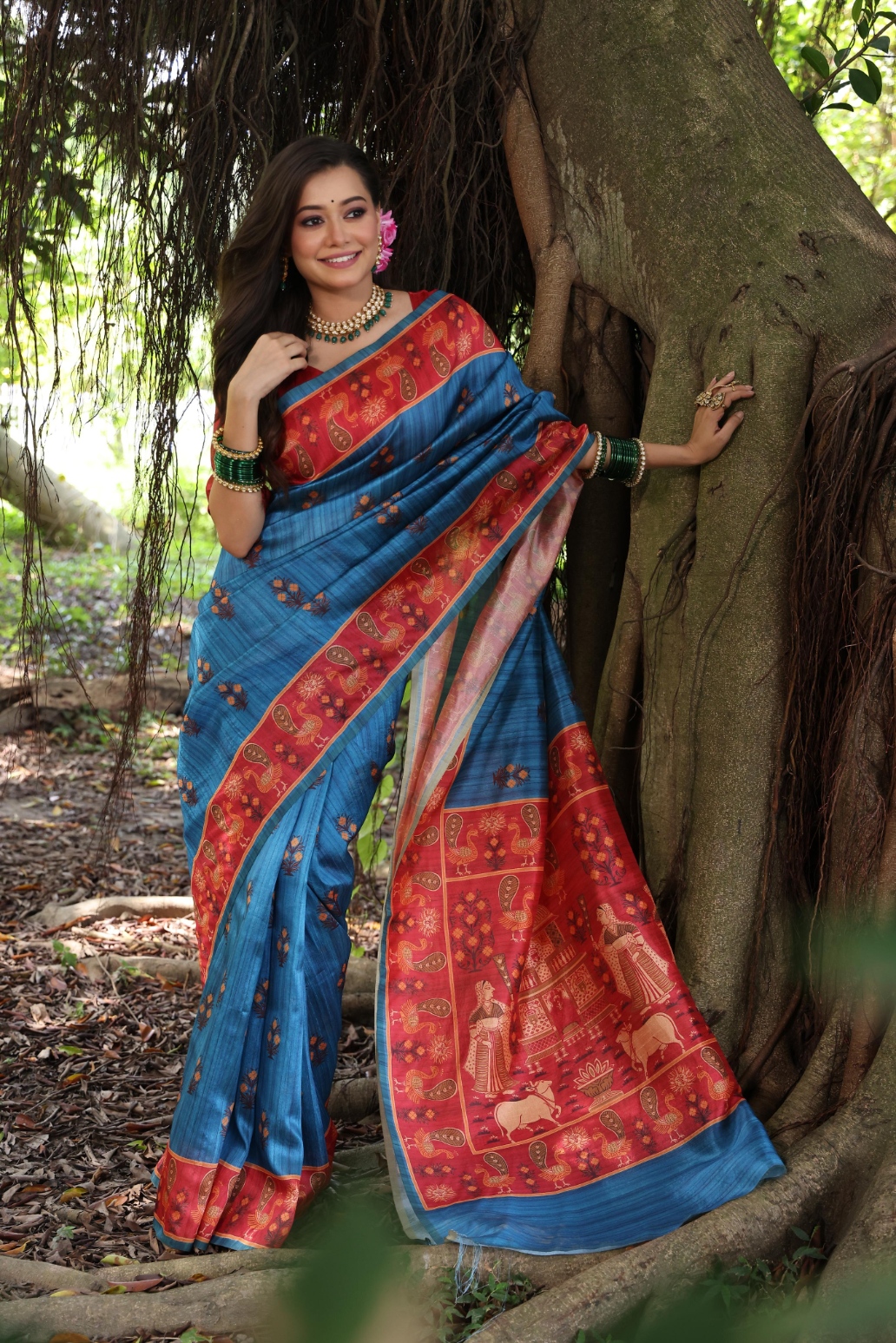 Blue Peacock Printed Tussar Silk Saree — alternate view