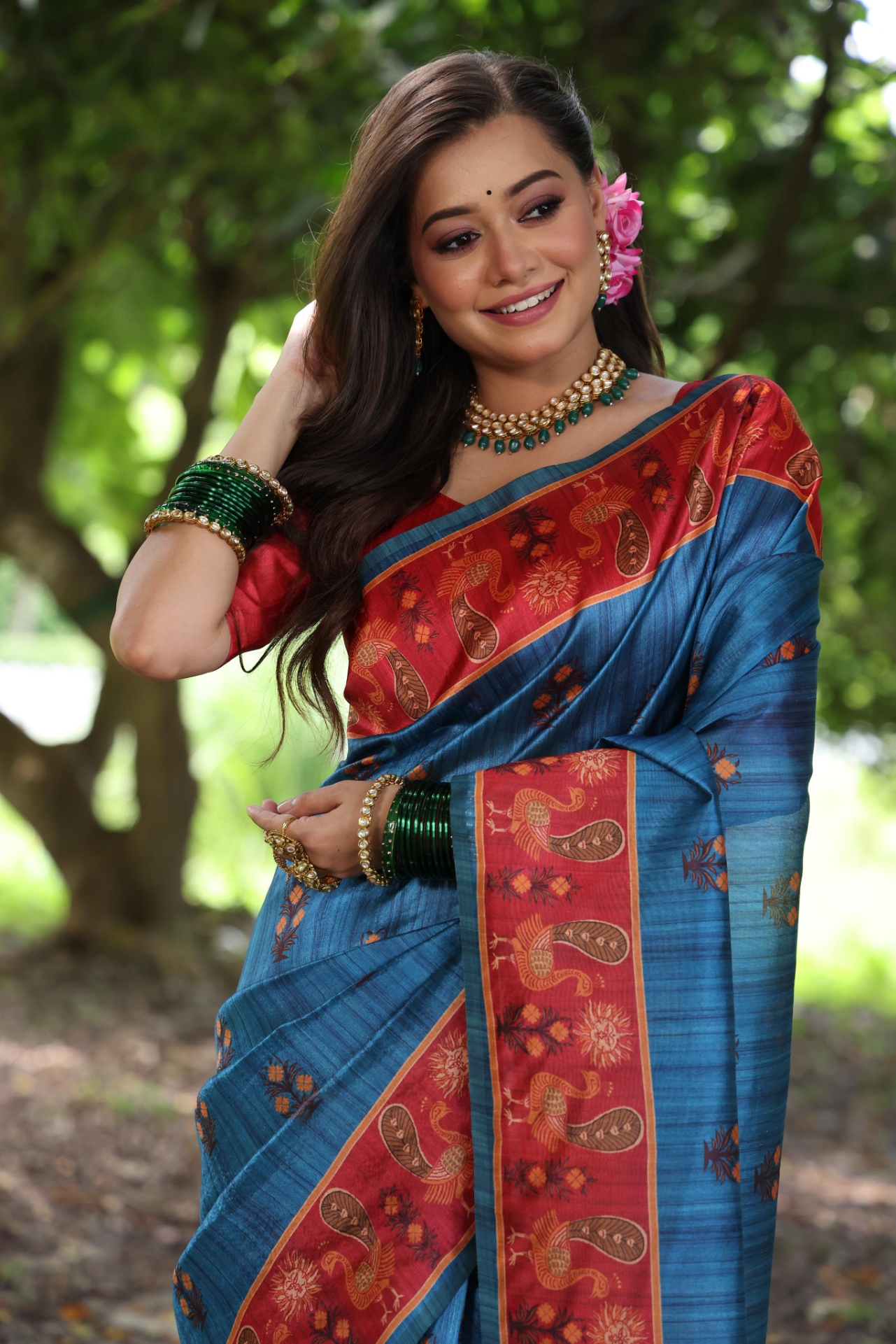 Blue Peacock Printed Tussar Silk Saree