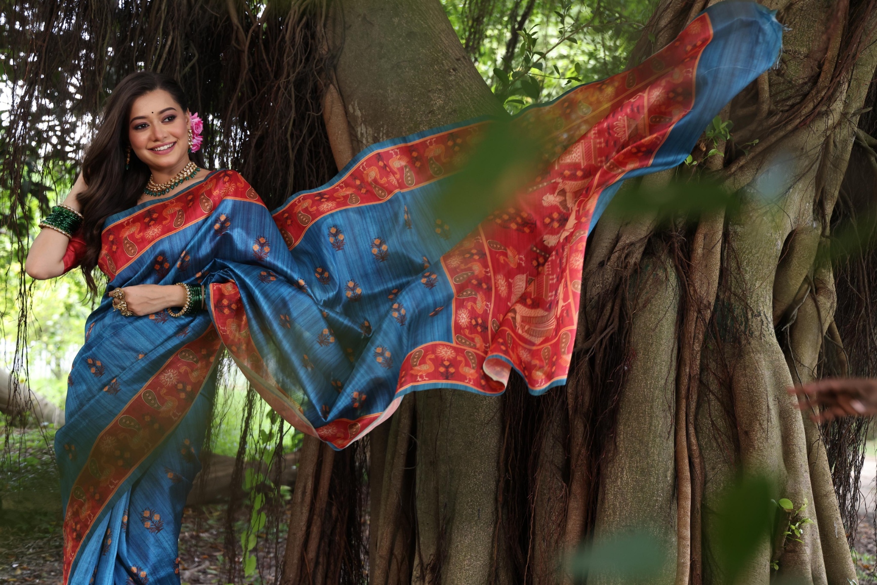 Blue Peacock Printed Tussar Silk Saree