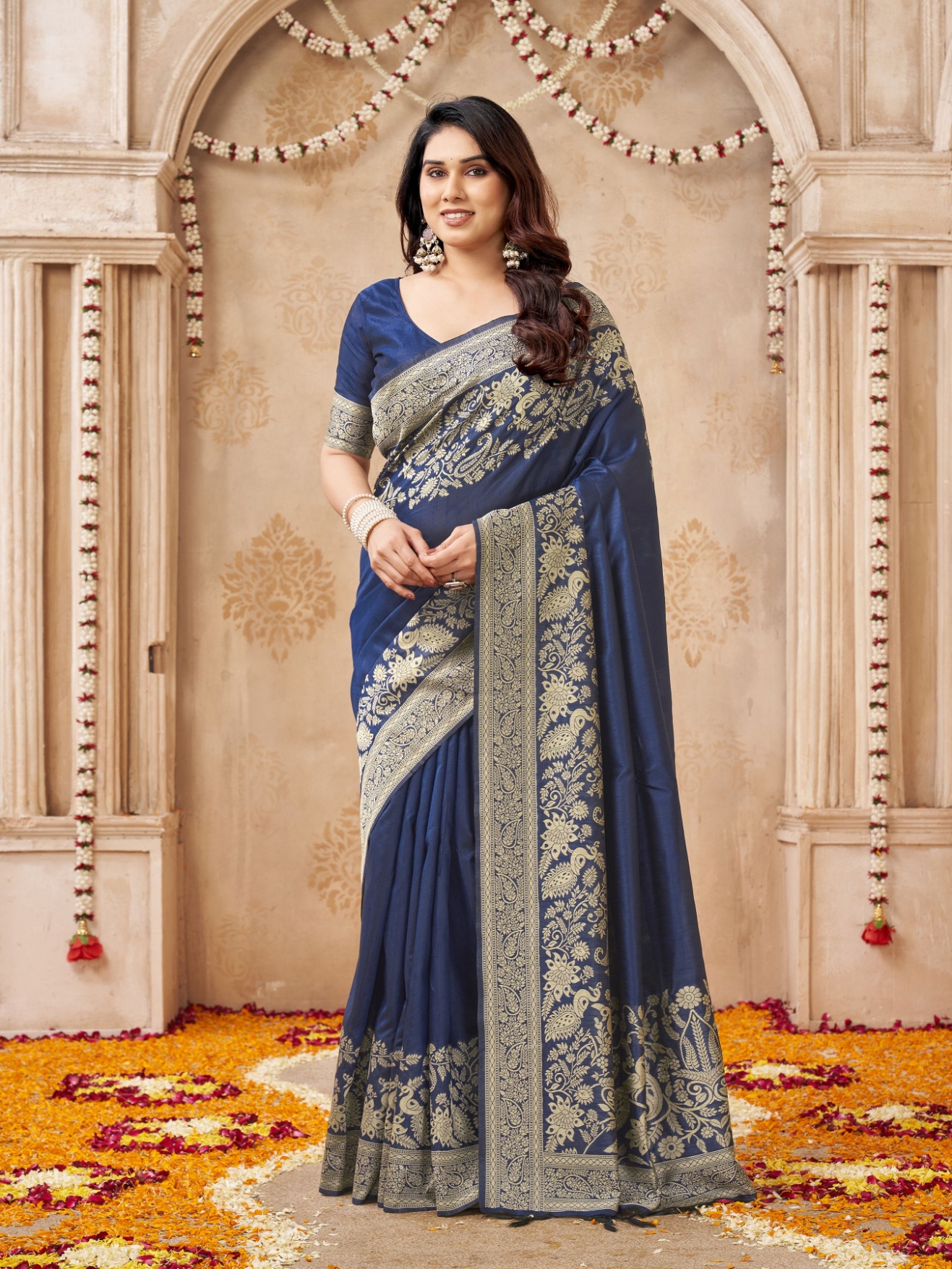 Blue Peacock Woven Handloom Raw Silk Saree