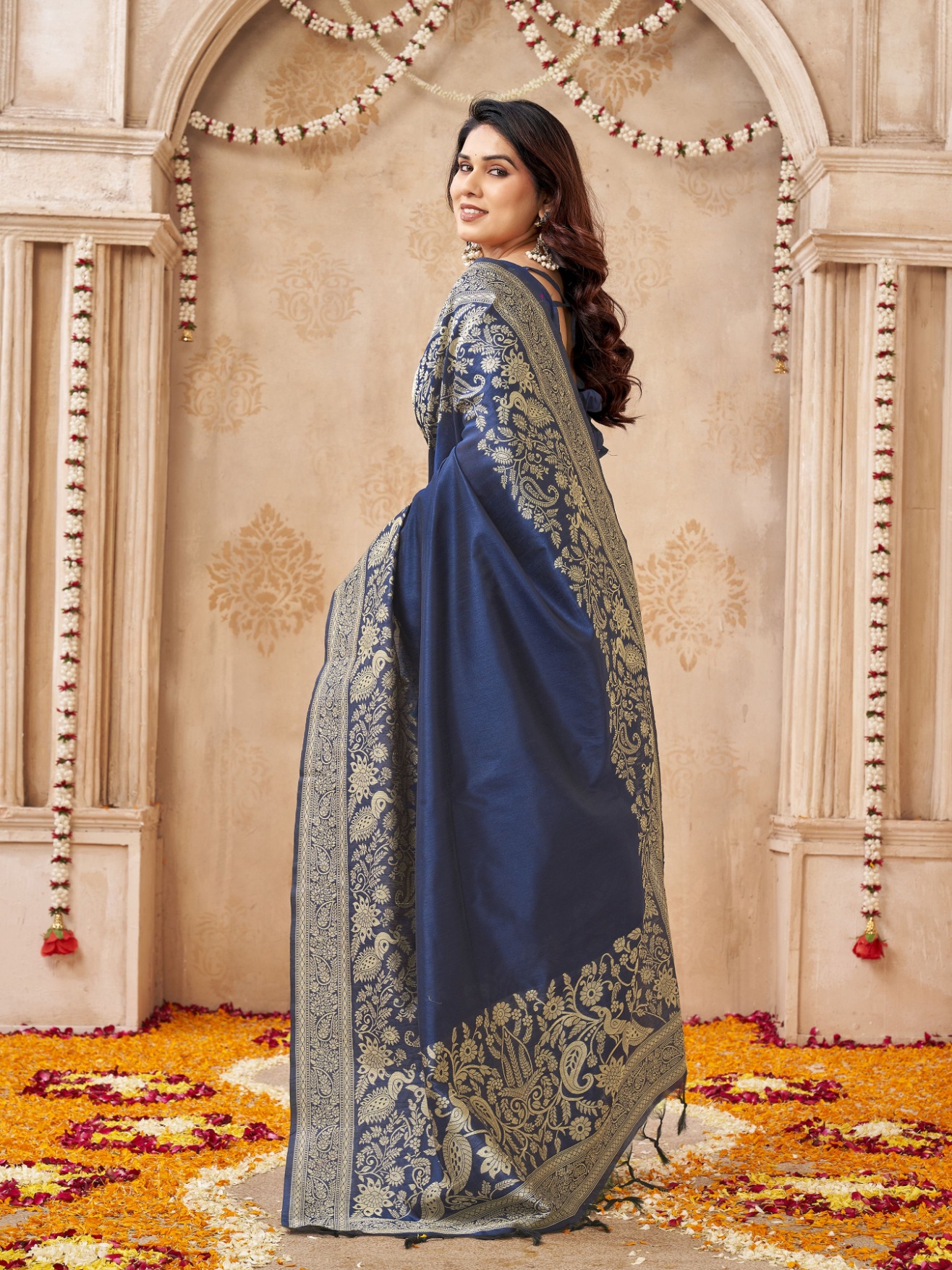 Blue Peacock Woven Handloom Raw Silk Saree — alternate view