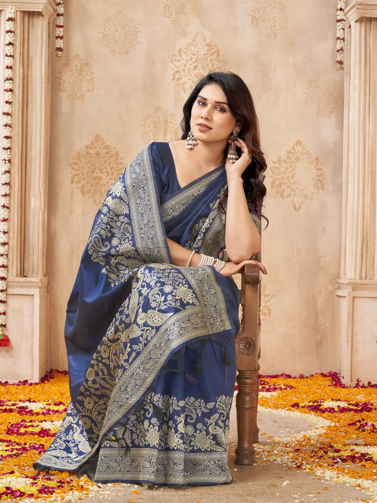 Blue Peacock Woven Handloom Raw Silk Saree