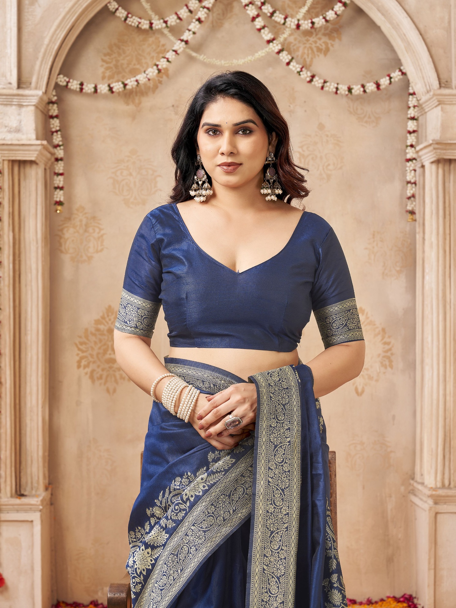 Blue Peacock Woven Handloom Raw Silk Saree
