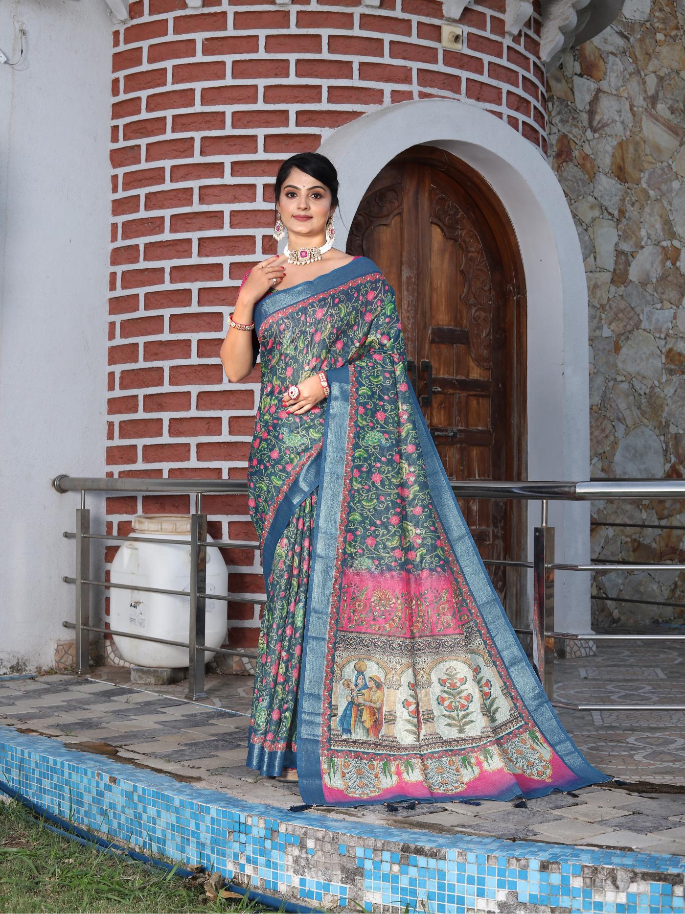 Blue Pink Cotton Shimmer Saree