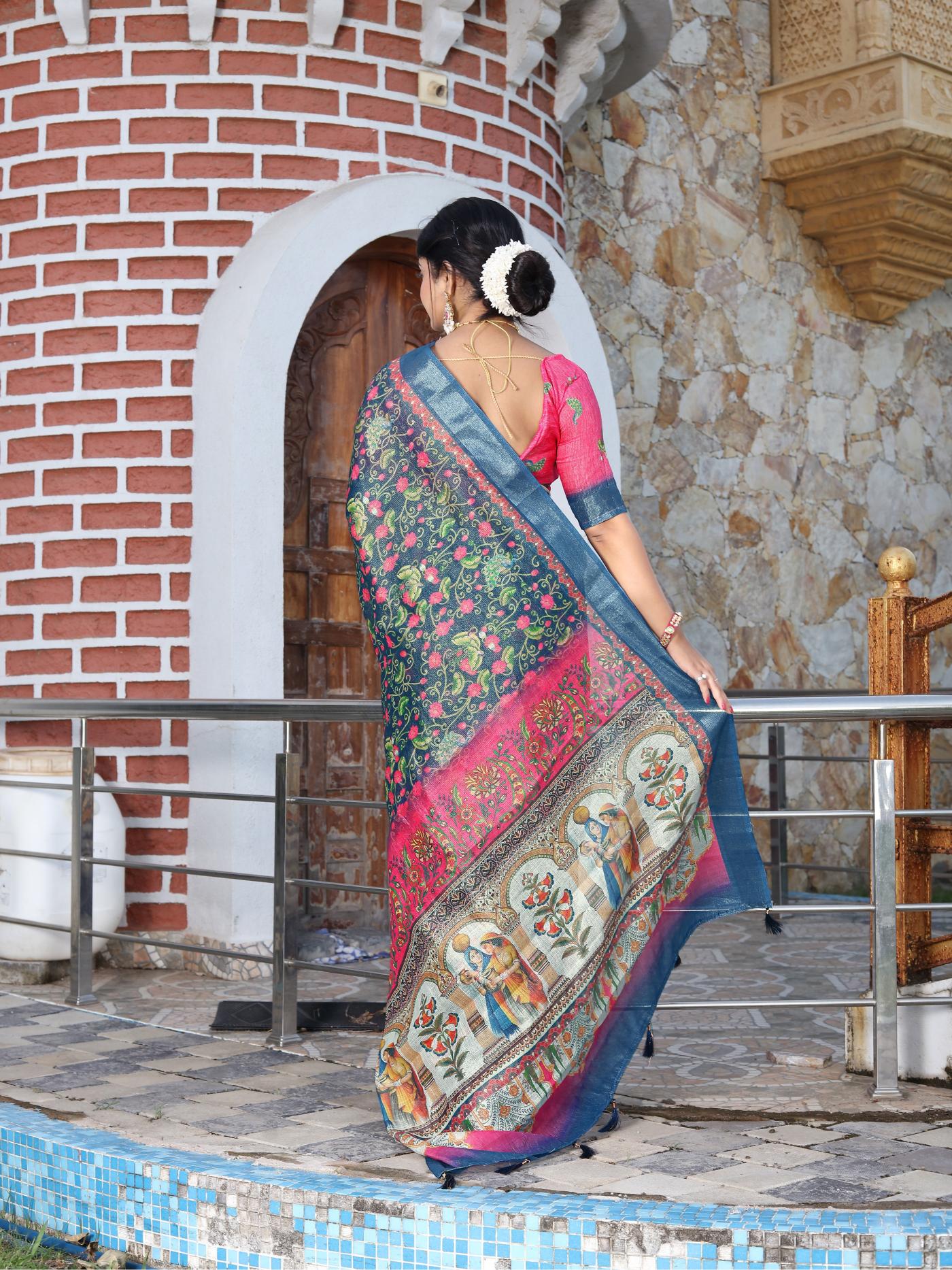 Blue Pink Cotton Shimmer Saree — alternate view