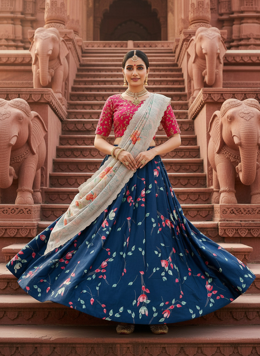 Blue Pink Digital Print Satin Silk Lehenga Choli