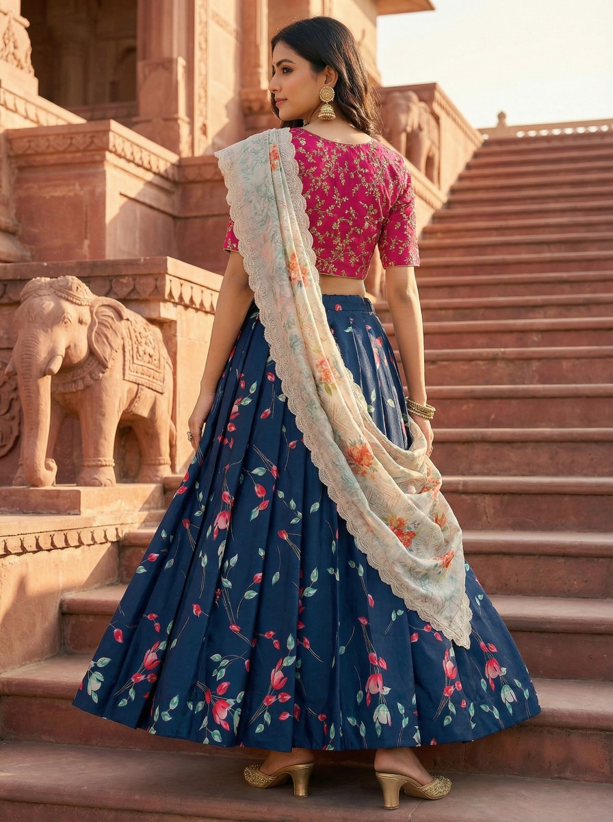 Blue Pink Digital Print Satin Silk Lehenga Choli — alternate view
