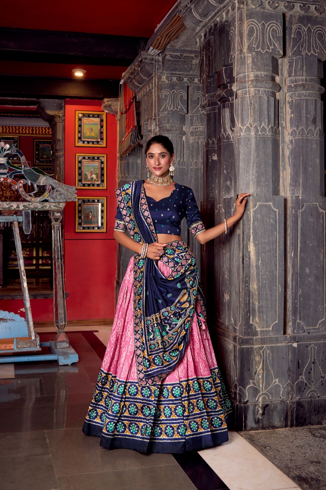 Blue Pink Ikkat Printed Tussar Silk Lehenga Choli