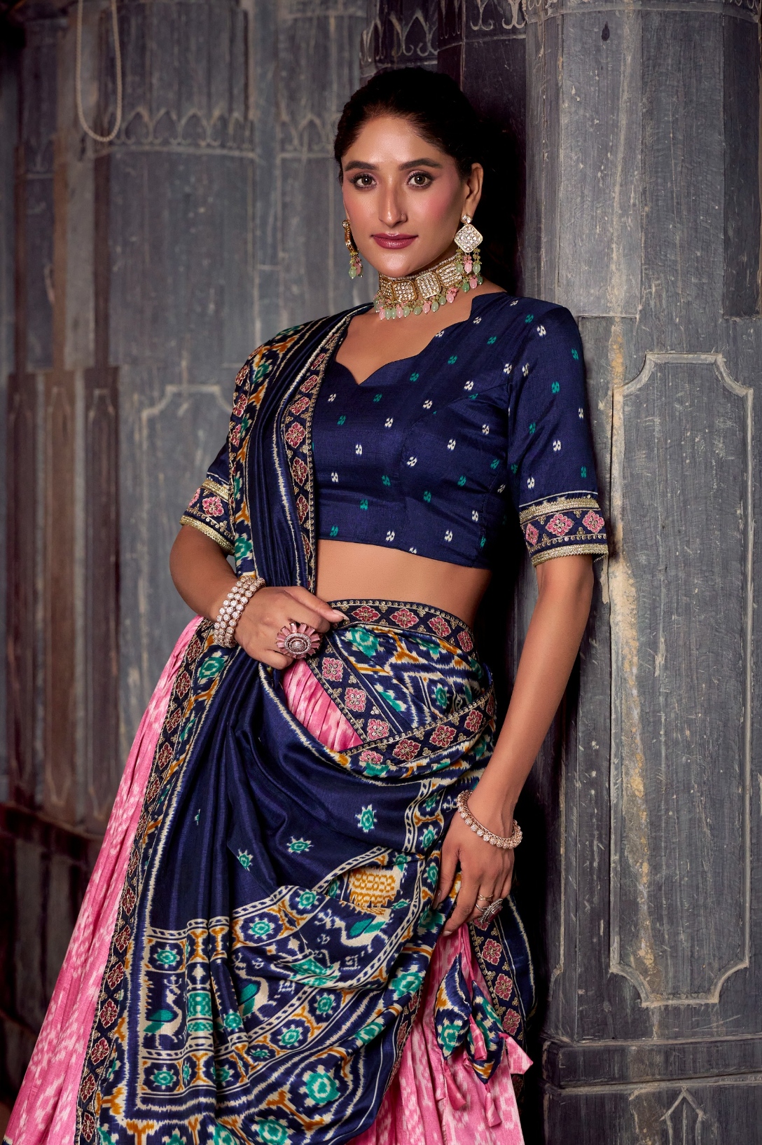 Blue Pink Ikkat Printed Tussar Silk Lehenga Choli — alternate view
