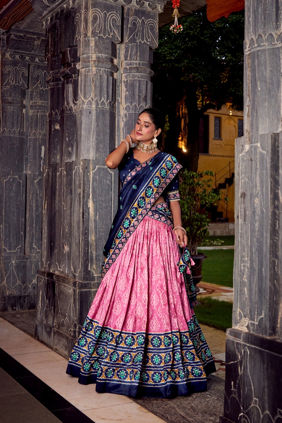 Blue Pink Ikkat Printed Tussar Silk Lehenga Choli