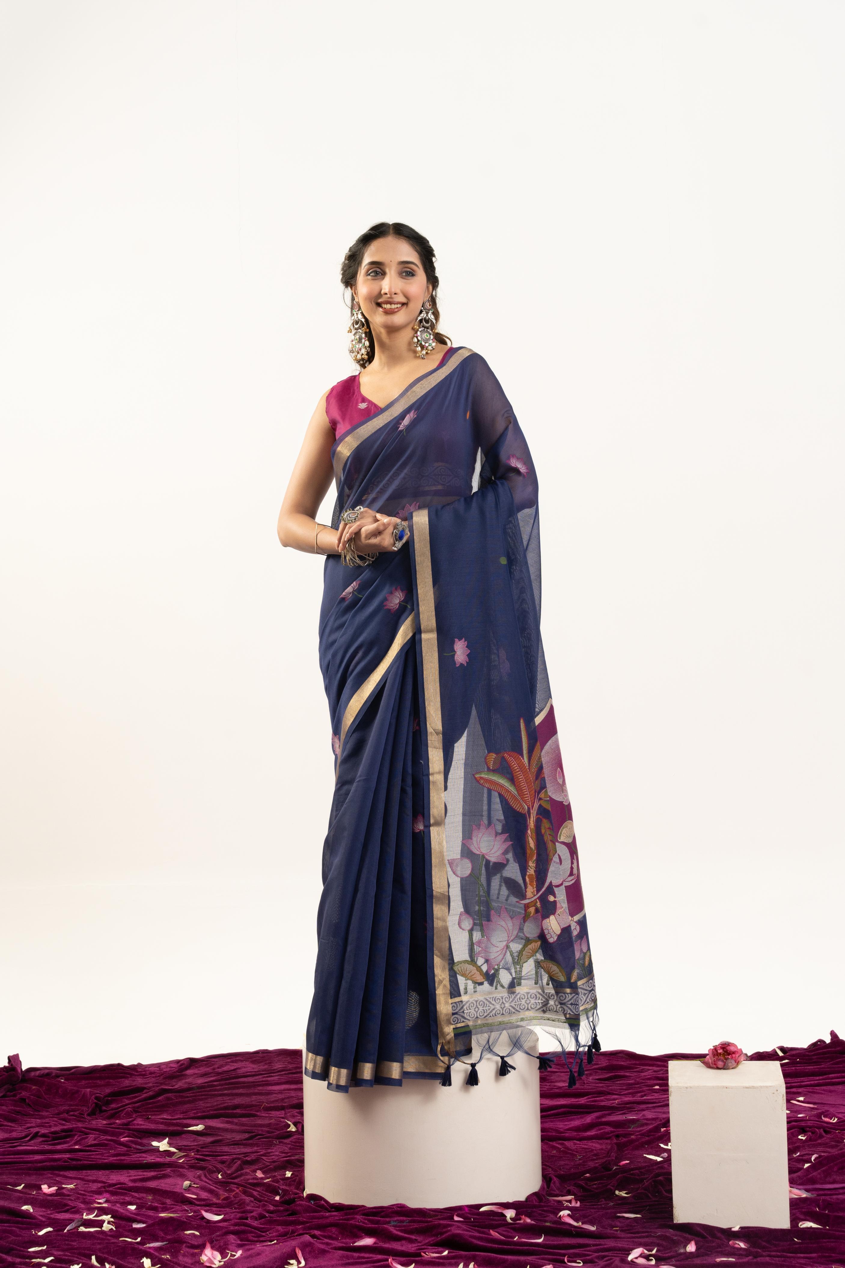 Blue Pink Rajwadi Woven Muga Cotton Saree