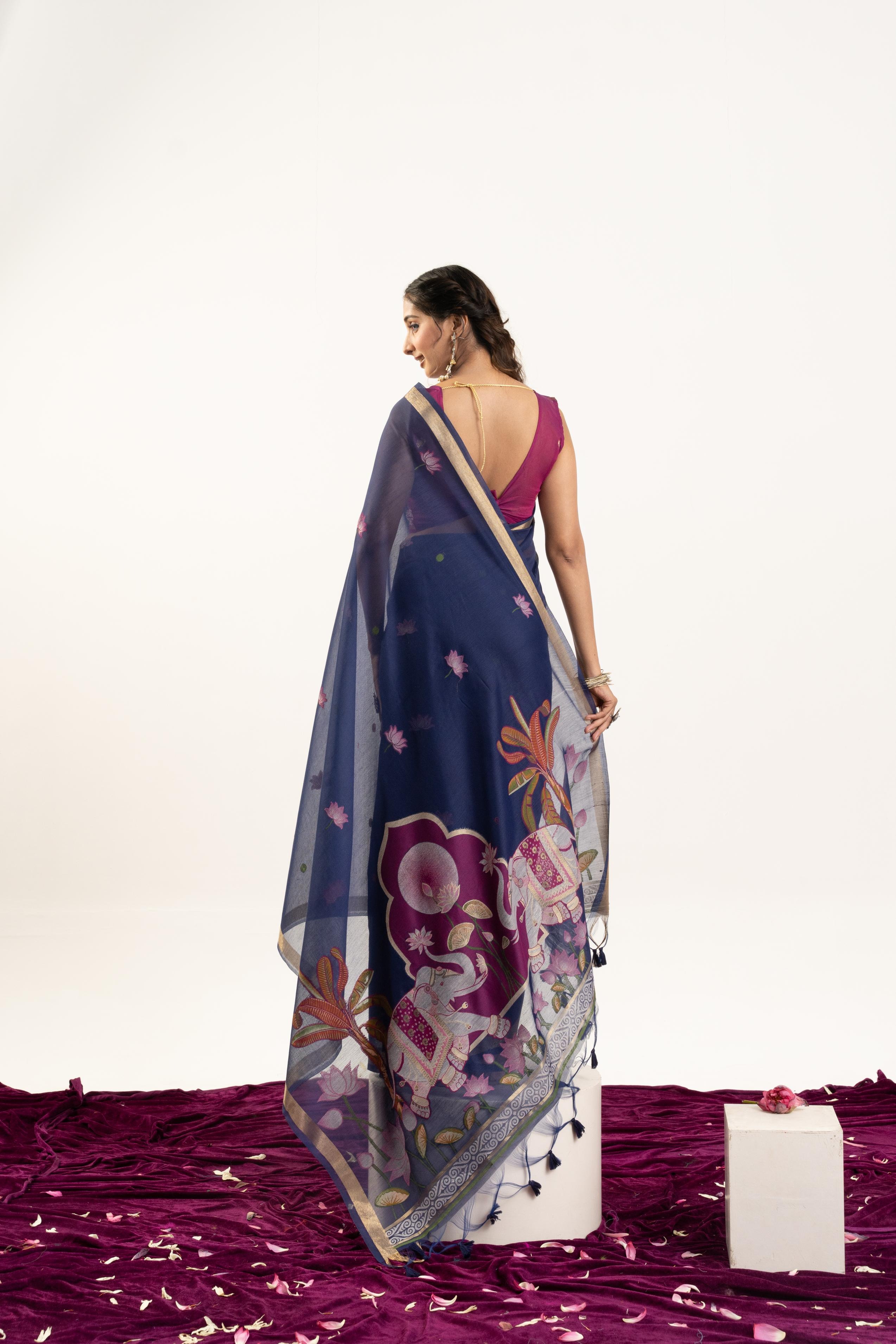 Blue Pink Rajwadi Woven Muga Cotton Saree — alternate view