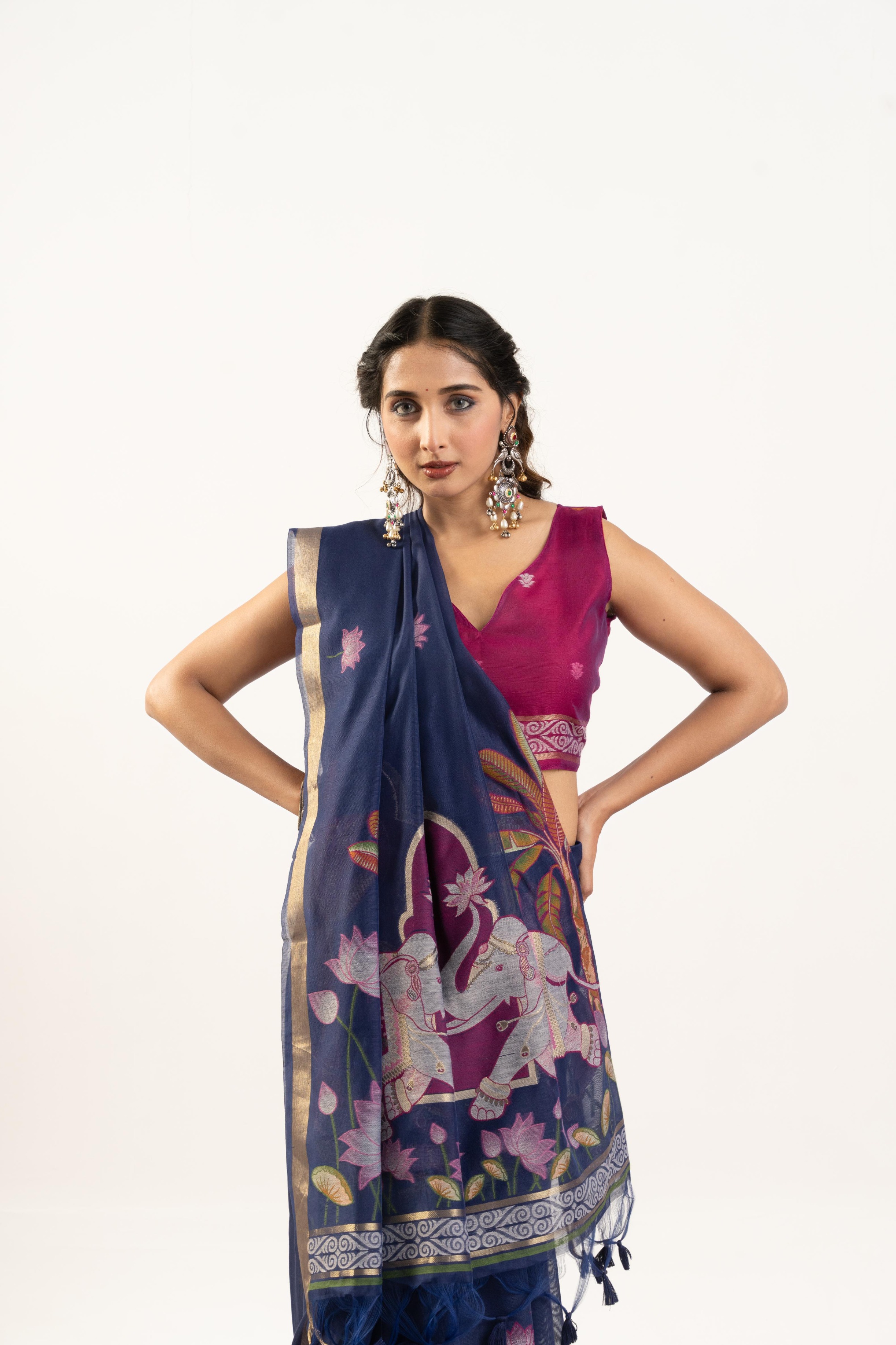 Blue Pink Rajwadi Woven Muga Cotton Saree