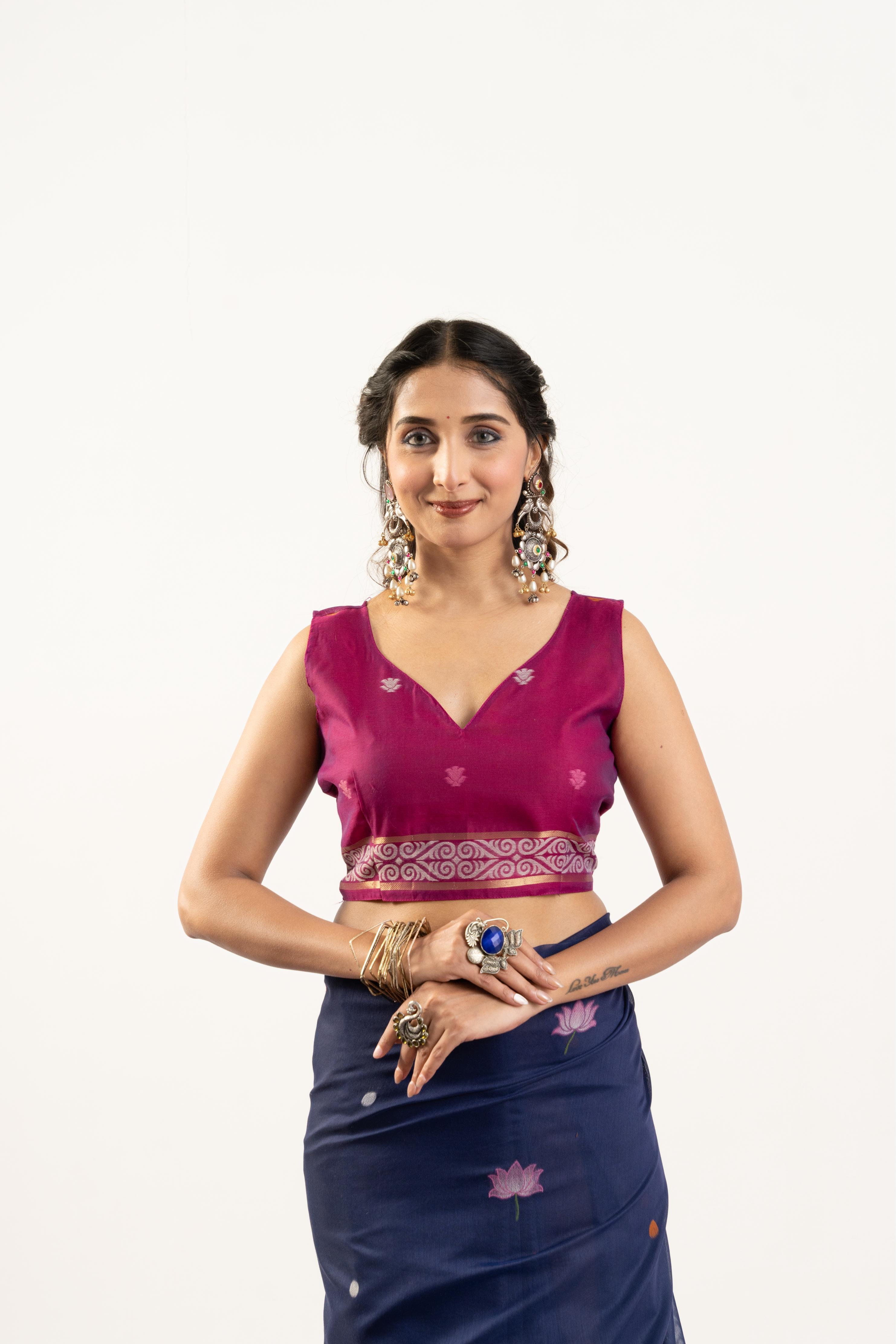 Blue Pink Rajwadi Woven Muga Cotton Saree