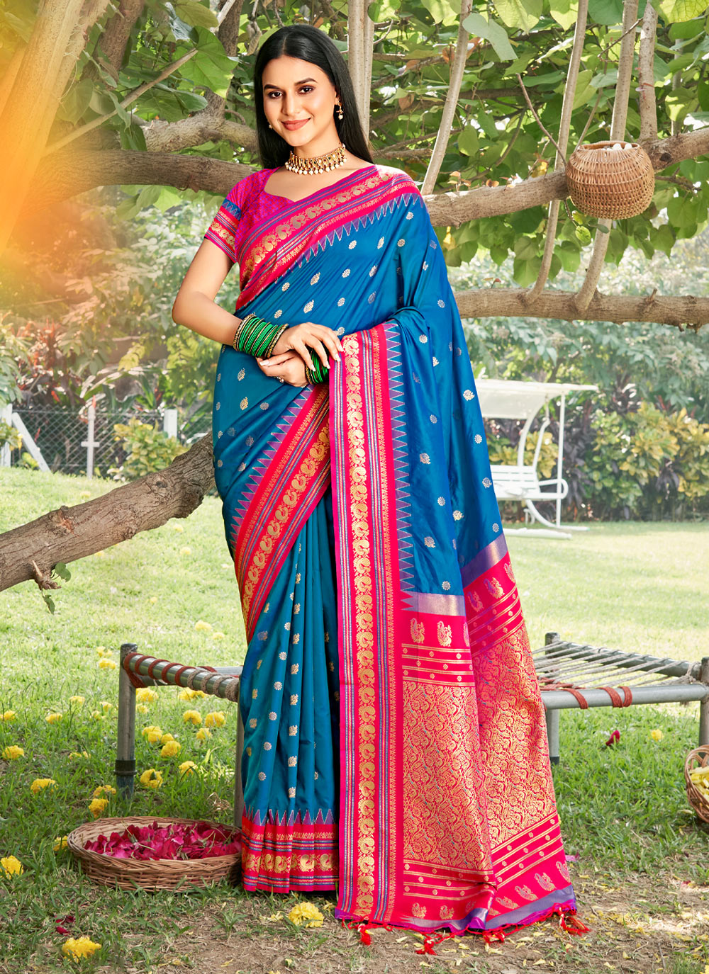 Blue Pink Woven Soft Silk Saree