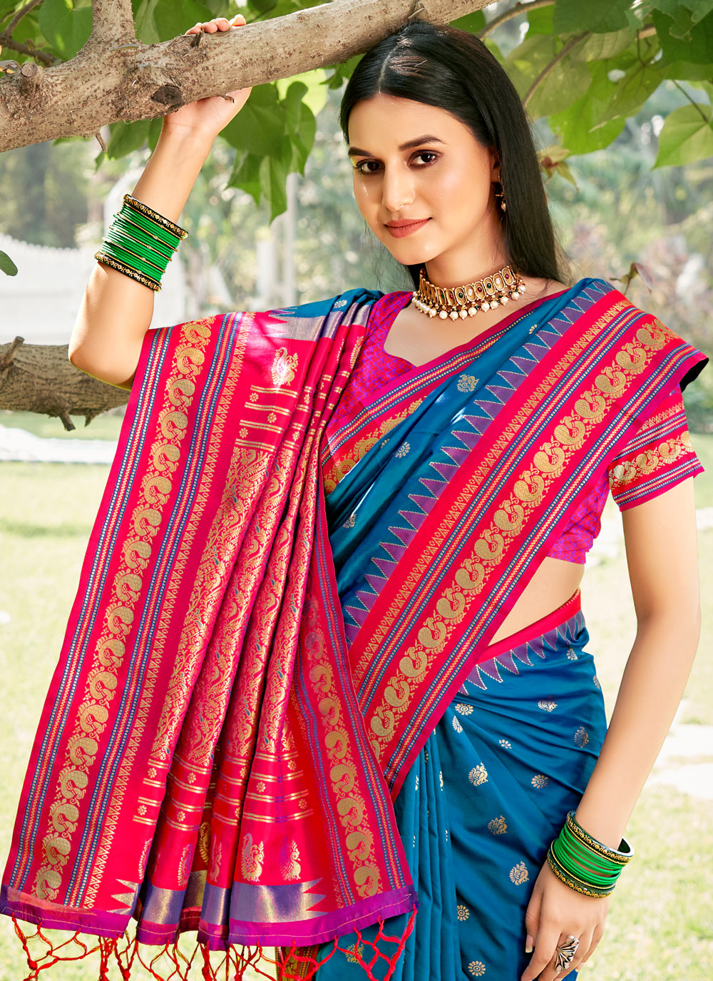 Blue Pink Woven Soft Silk Saree — alternate view