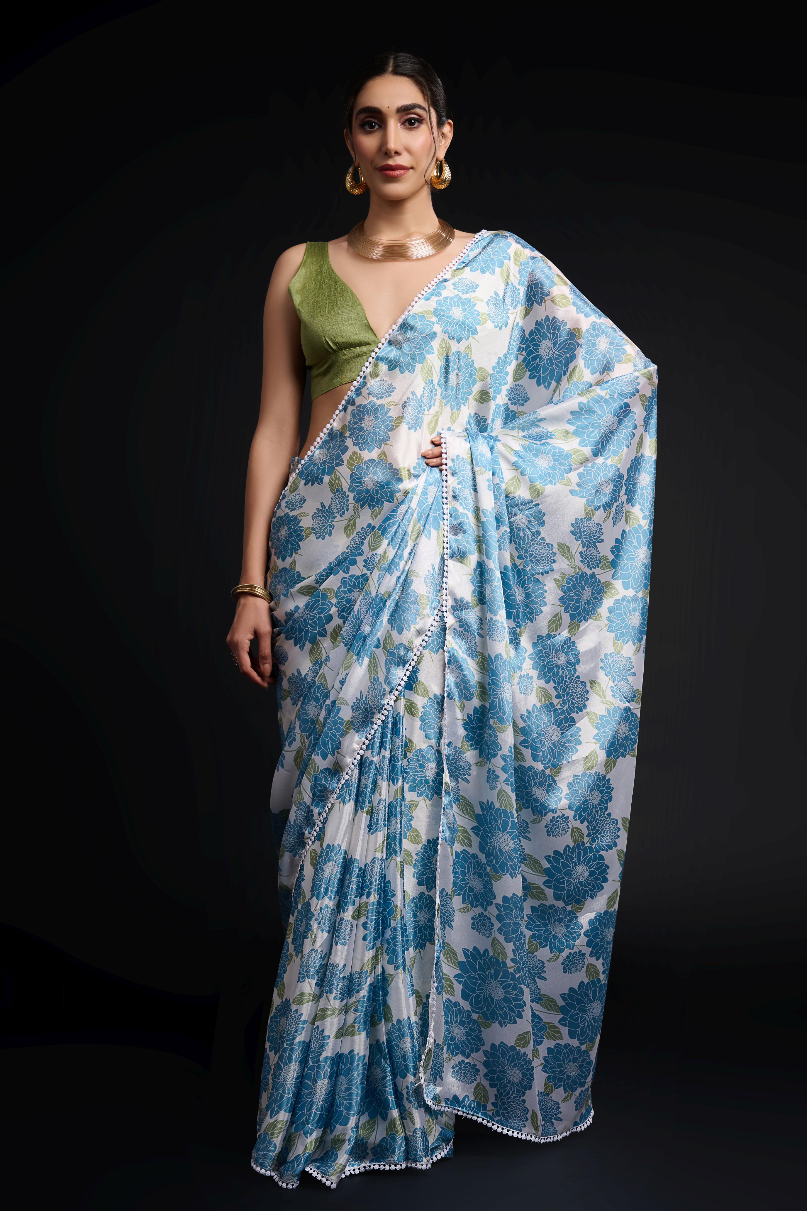 Blue Pista Digital Printed Chinon Ready-to-Wear Saree