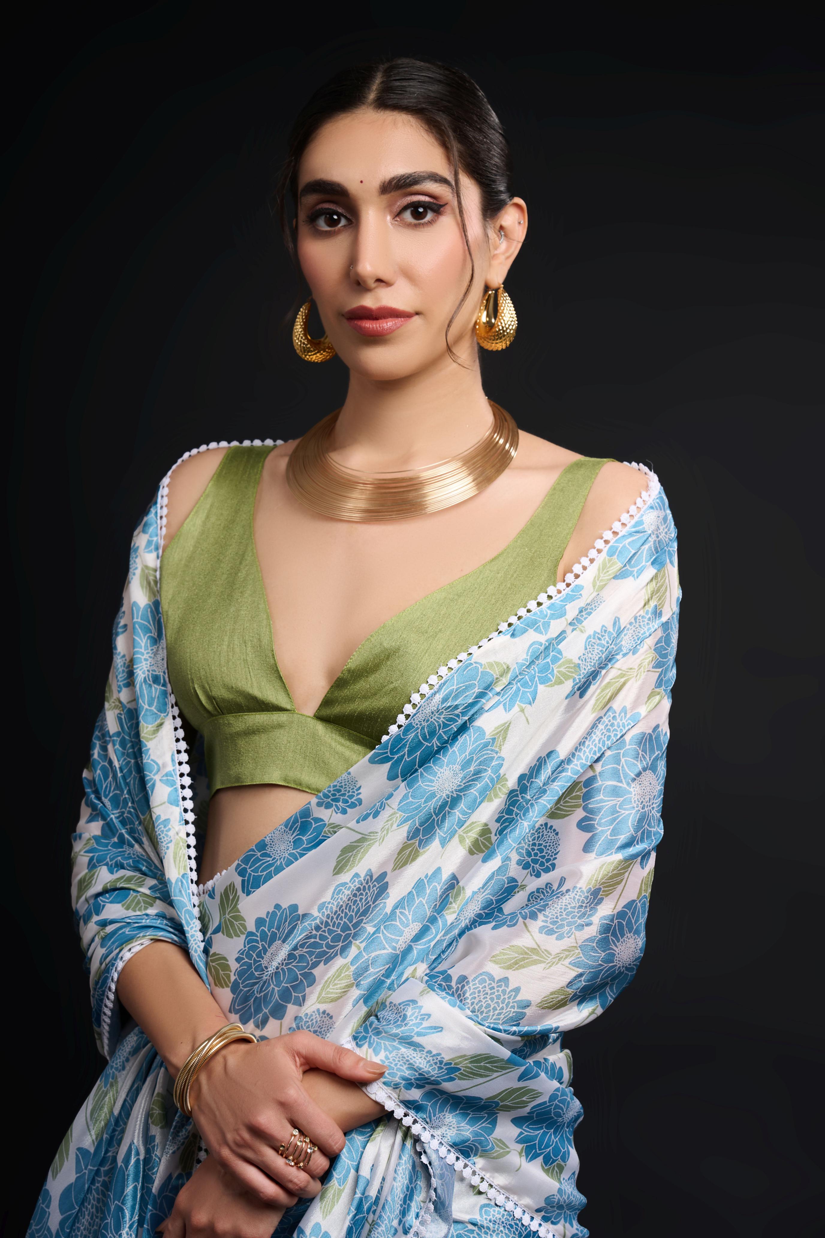 Blue Pista Digital Printed Chinon Ready-to-Wear Saree — alternate view