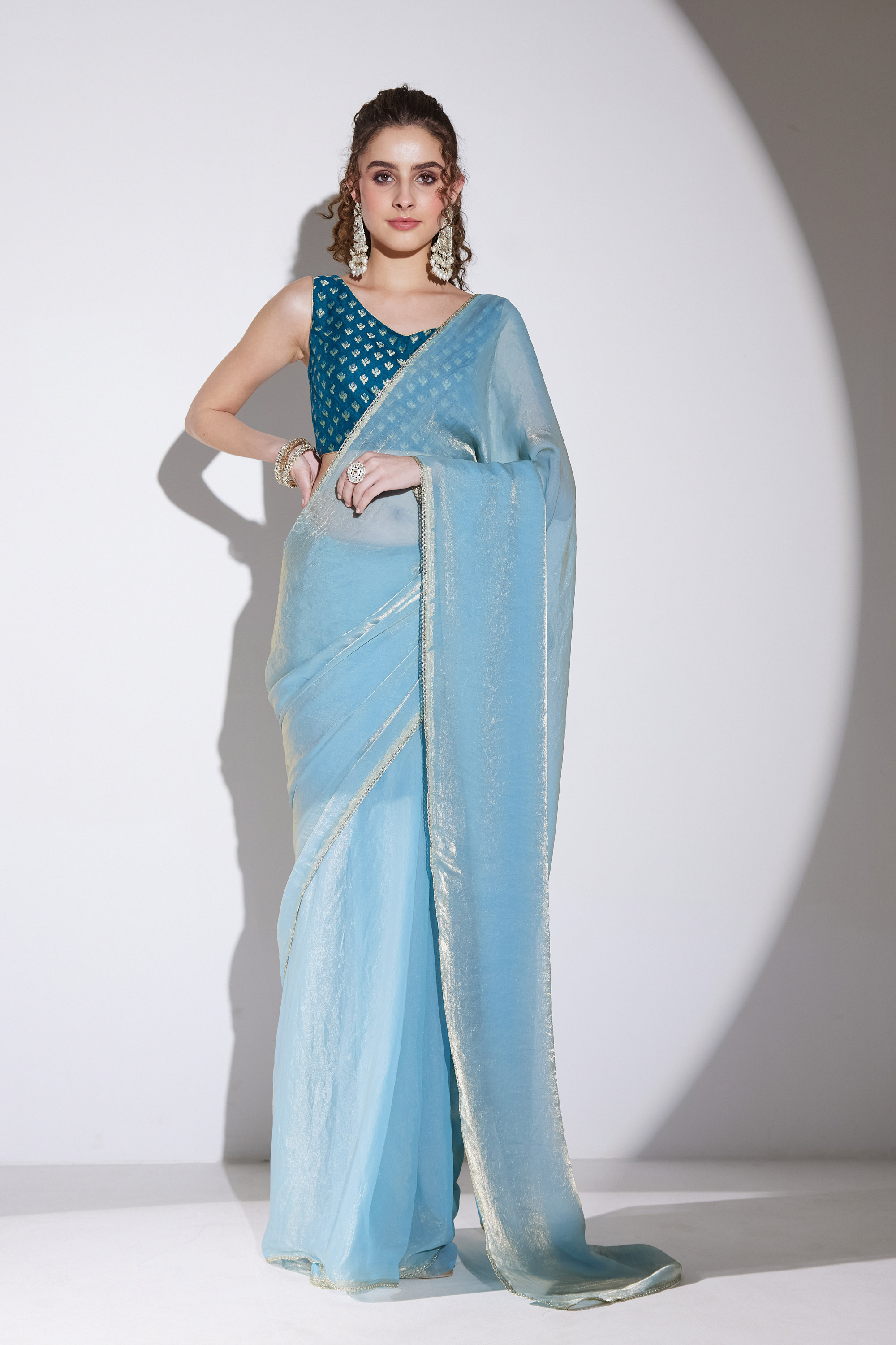 Blue Plain Shimmer Tissue Saree
