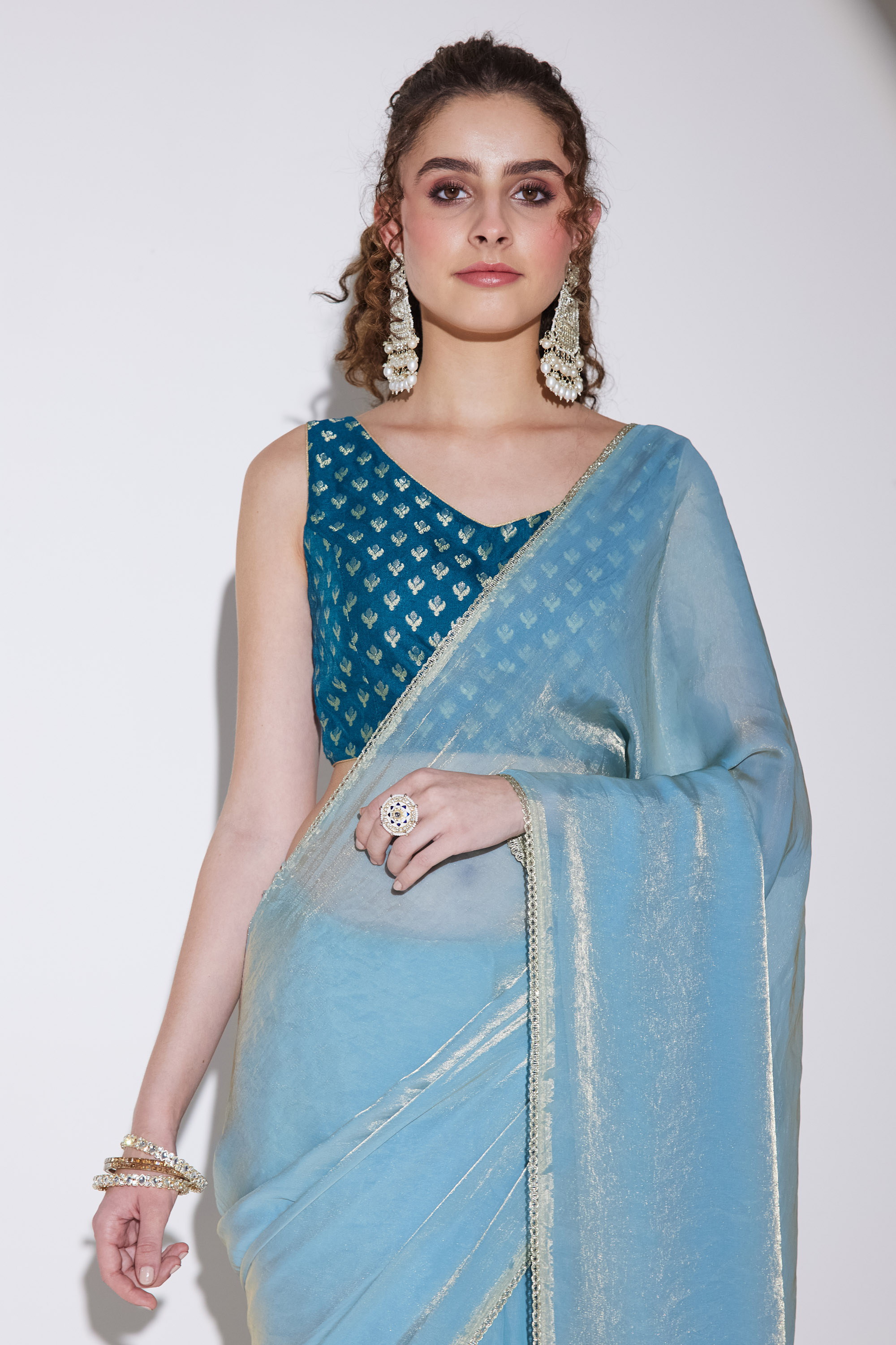 Blue Plain Shimmer Tissue Saree