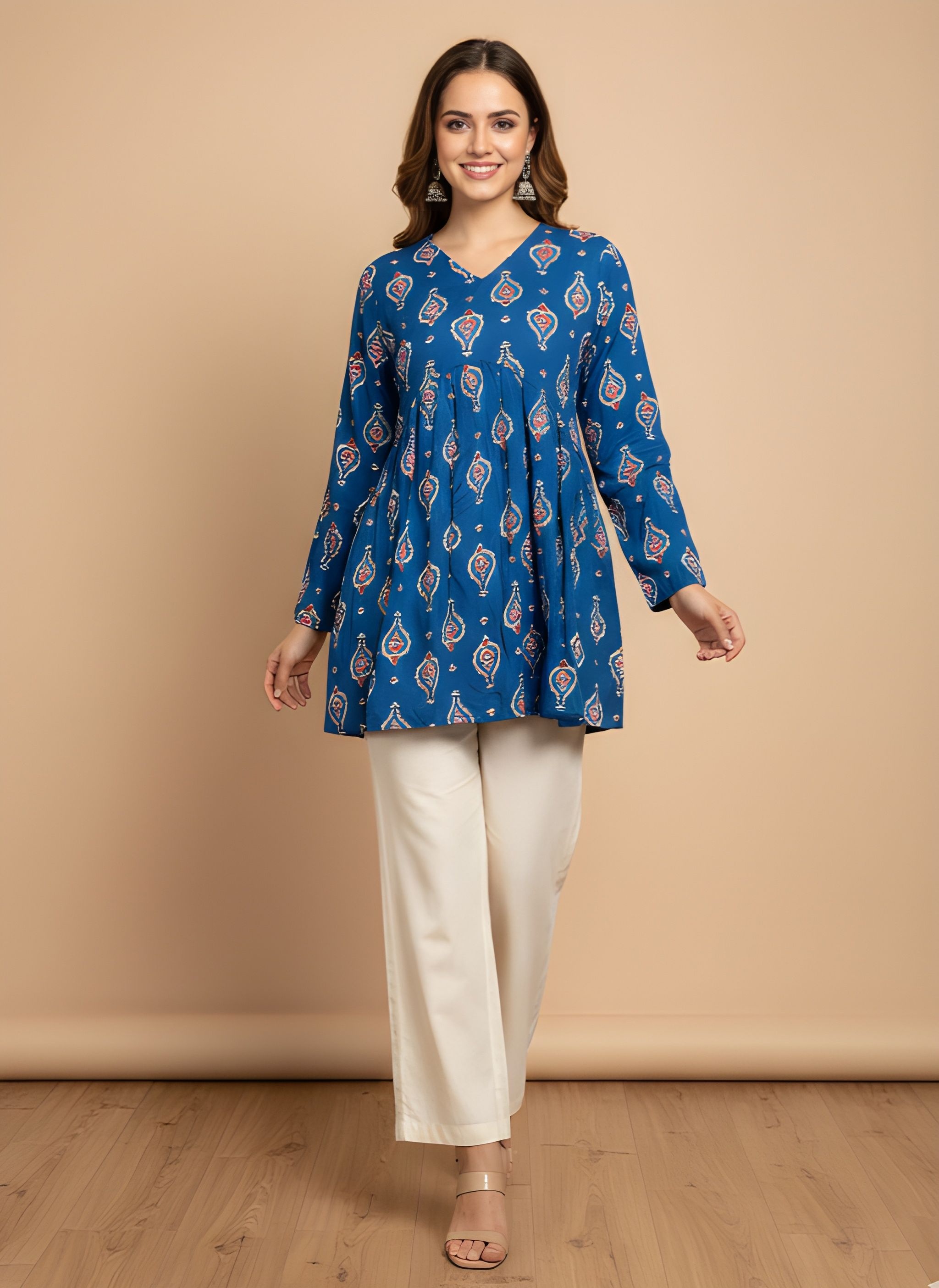 Blue Printed Cotton Empire Kurti