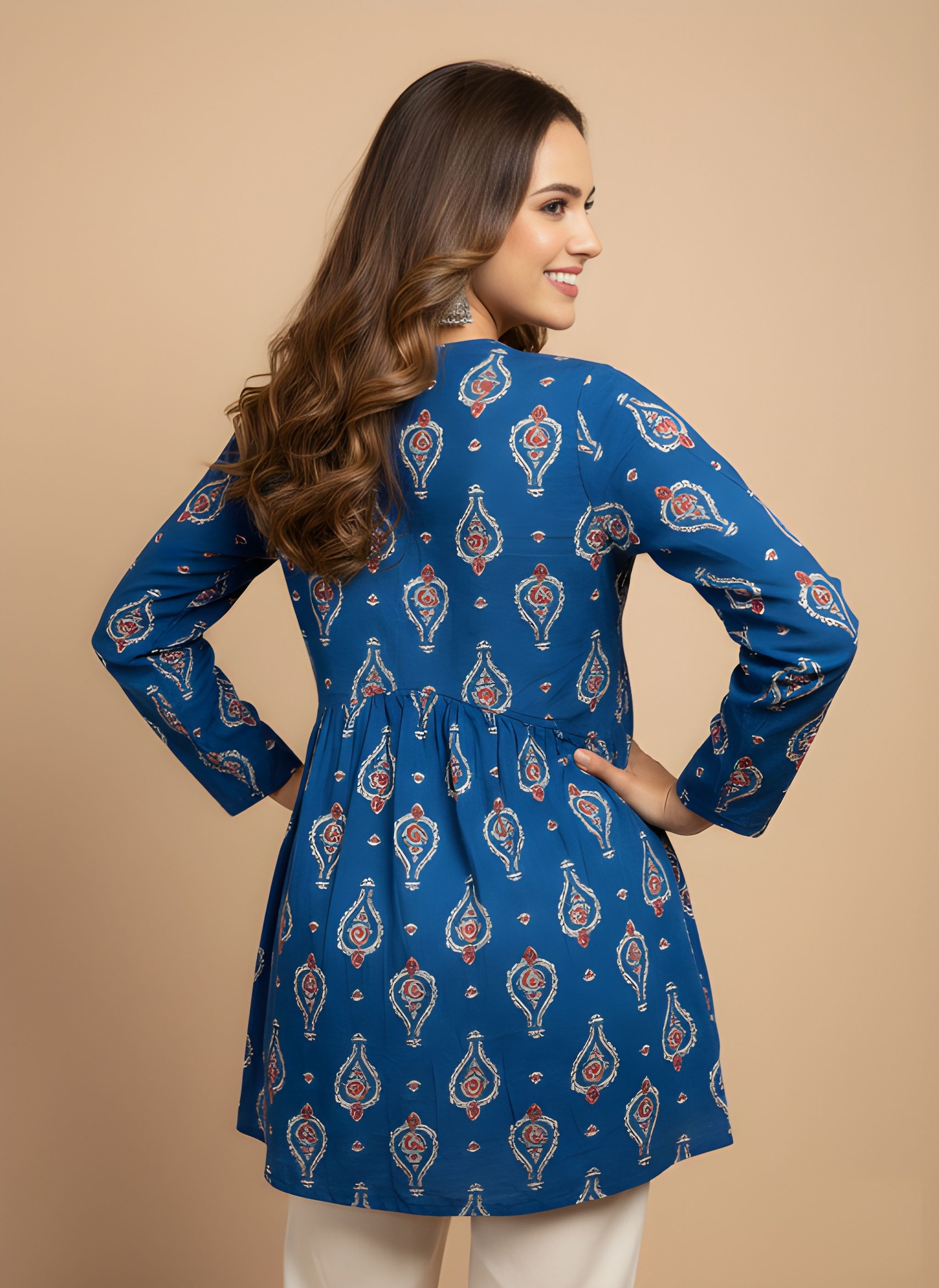 Blue Printed Cotton Empire Kurti — alternate view