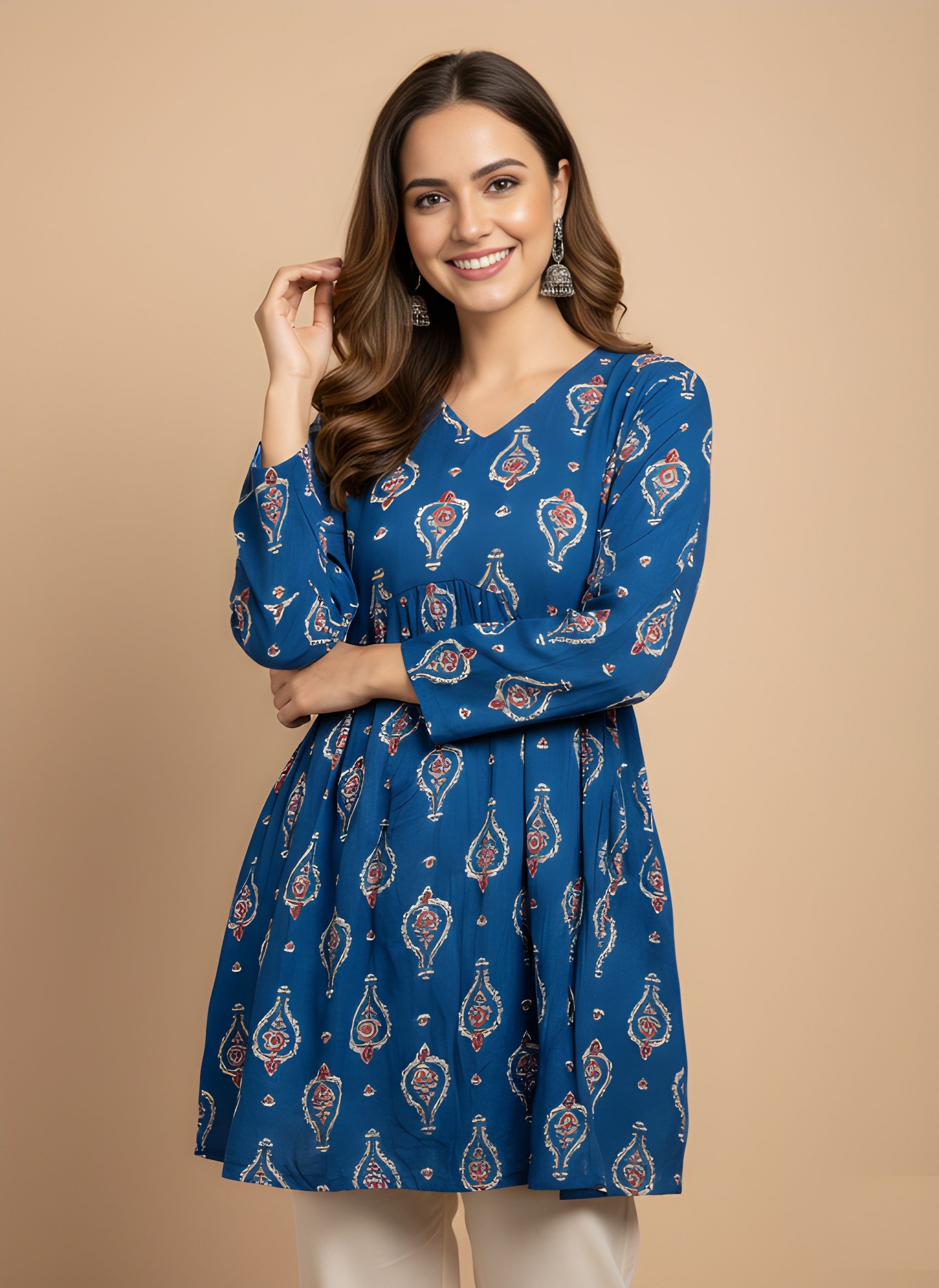 Blue Printed Cotton Empire Kurti