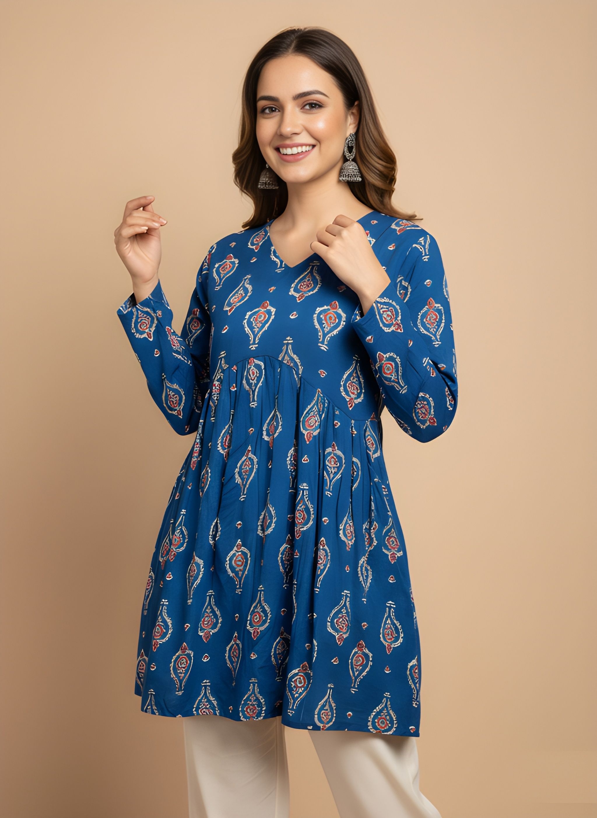 Blue Printed Cotton Empire Kurti