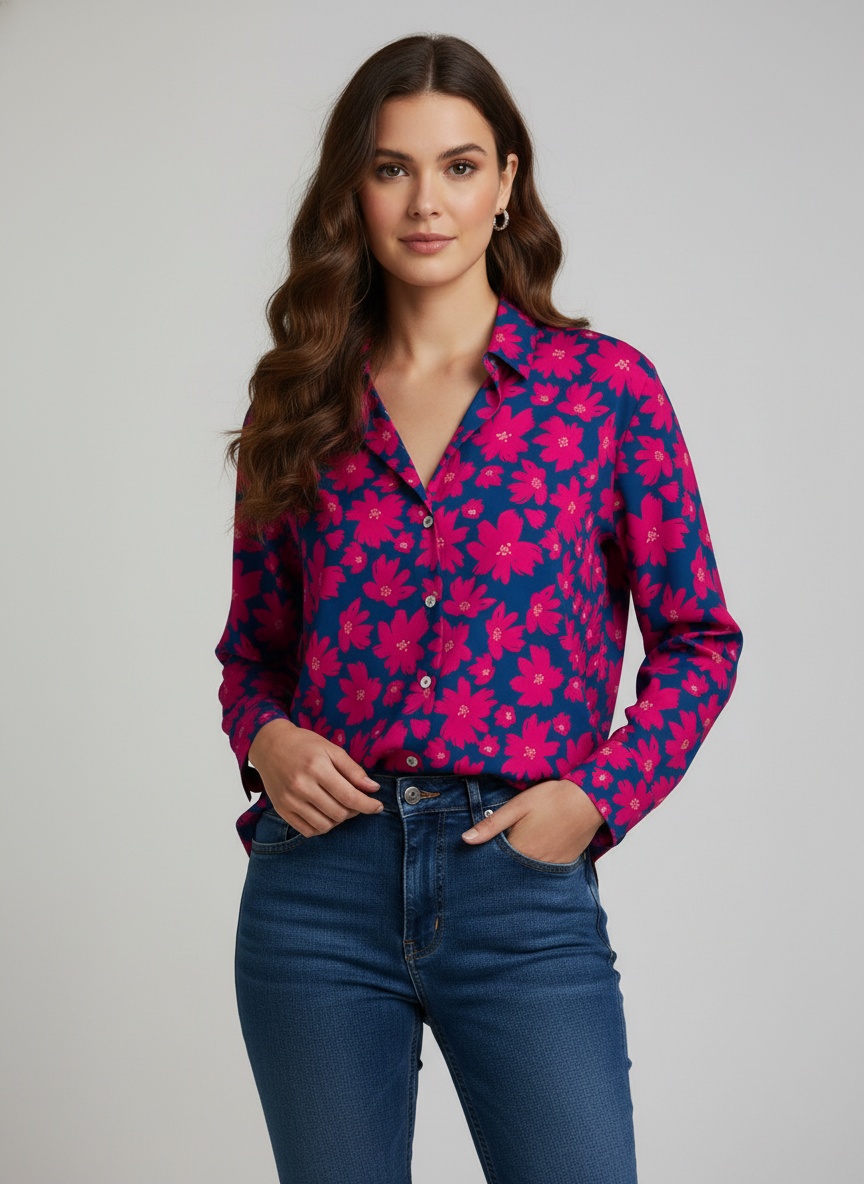 Blue Printed Crepe Classic Classic Shirt