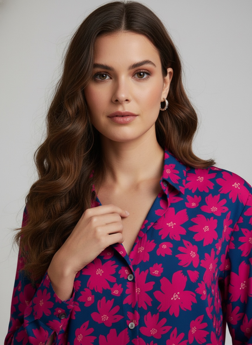 Blue Printed Crepe Classic Classic Shirt