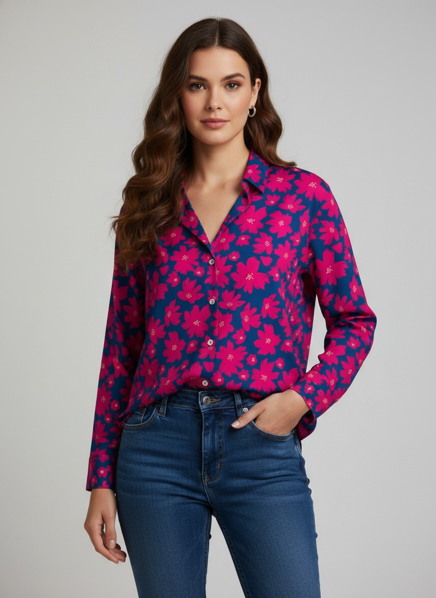 Blue Printed Crepe Classic Classic Shirt