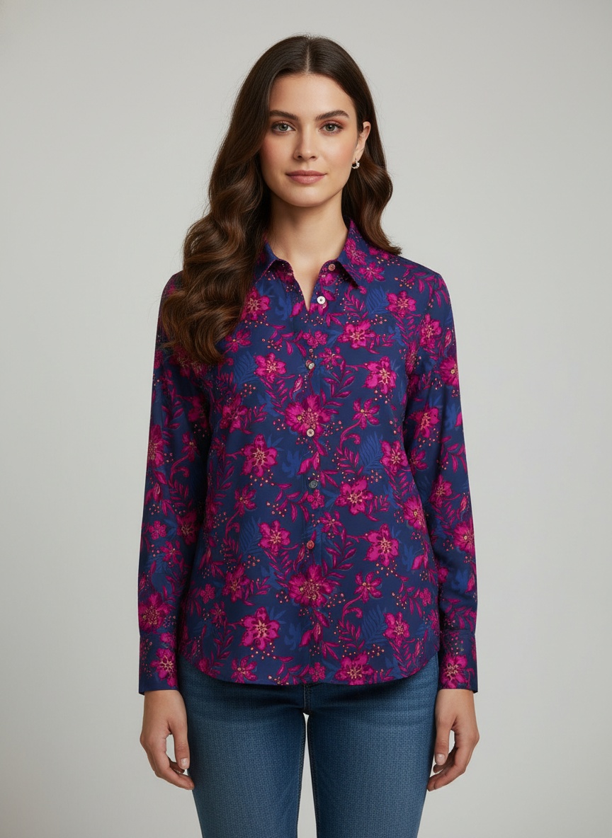 Blue Printed Crepe Classic Shirt