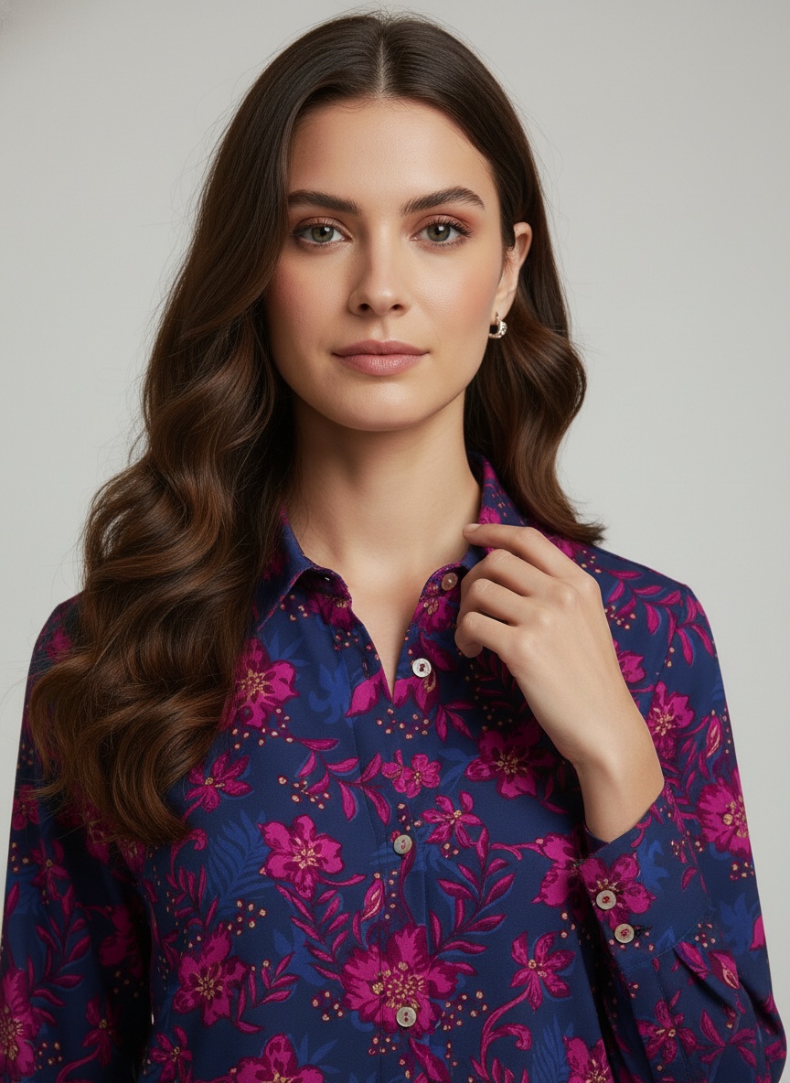 Blue Printed Crepe Classic Shirt