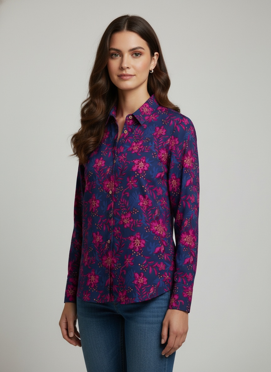 Blue Printed Crepe Classic Shirt