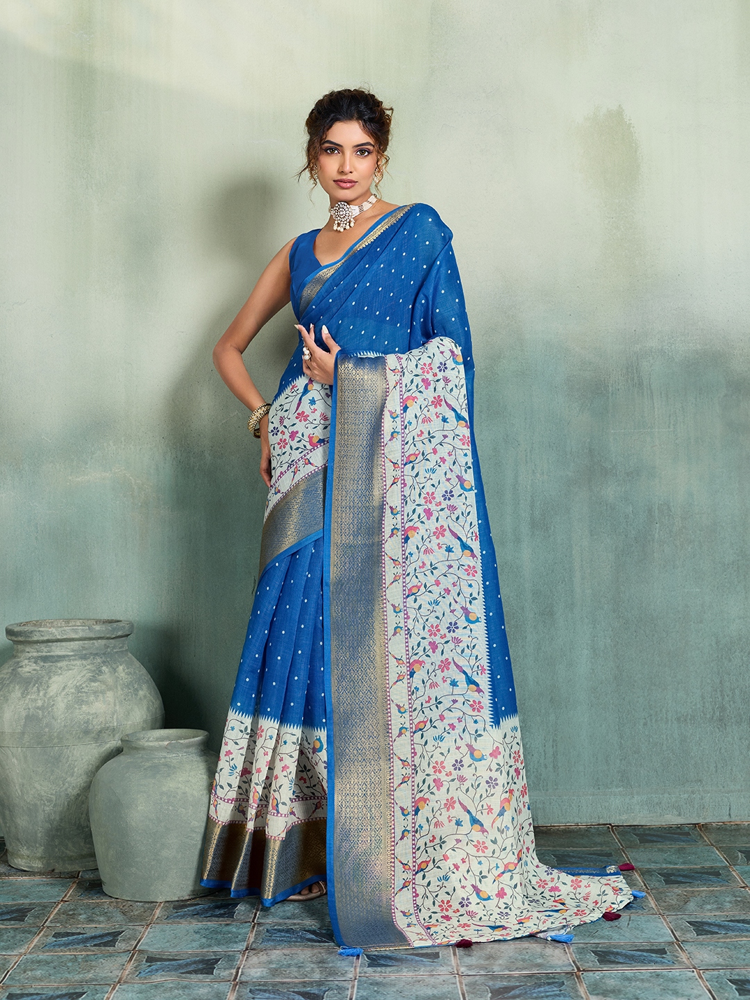 Blue Printed Jari Border Linen Saree