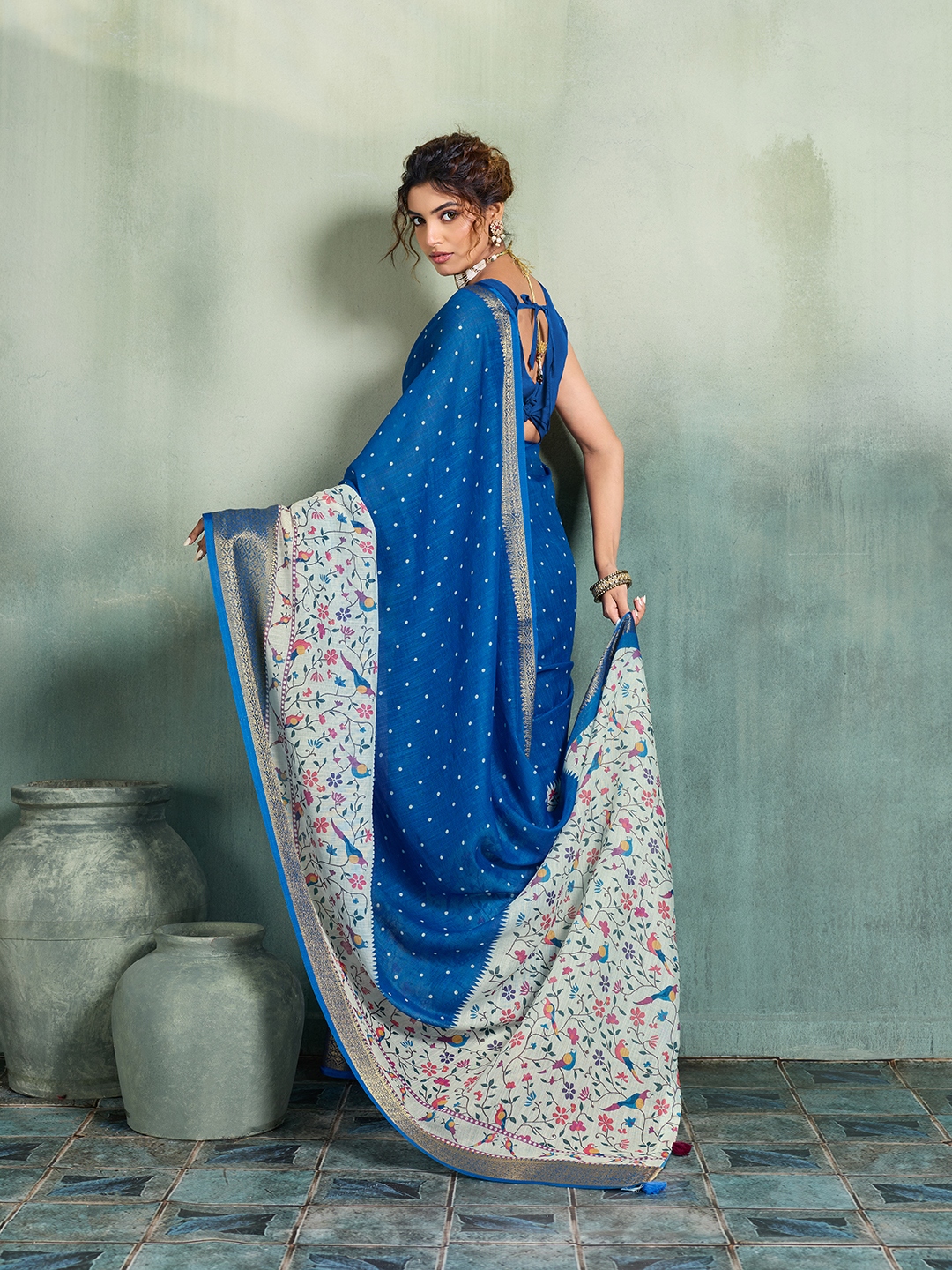 Blue Printed Jari Border Linen Saree — alternate view