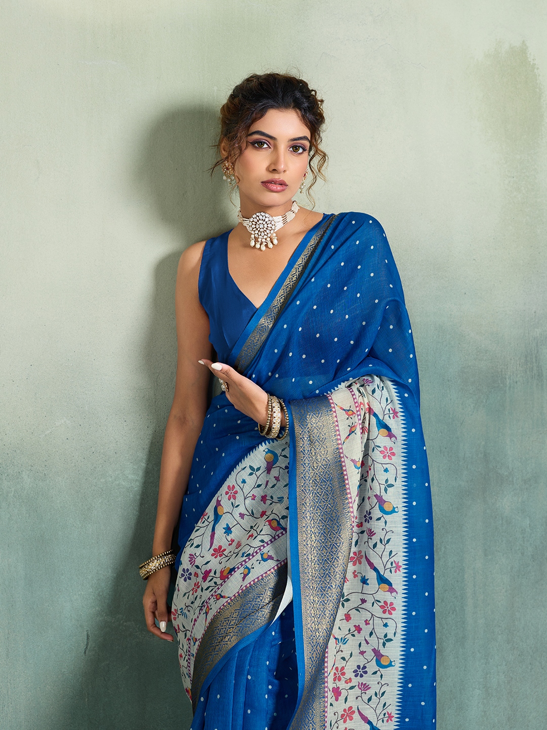 Blue Printed Jari Border Linen Saree