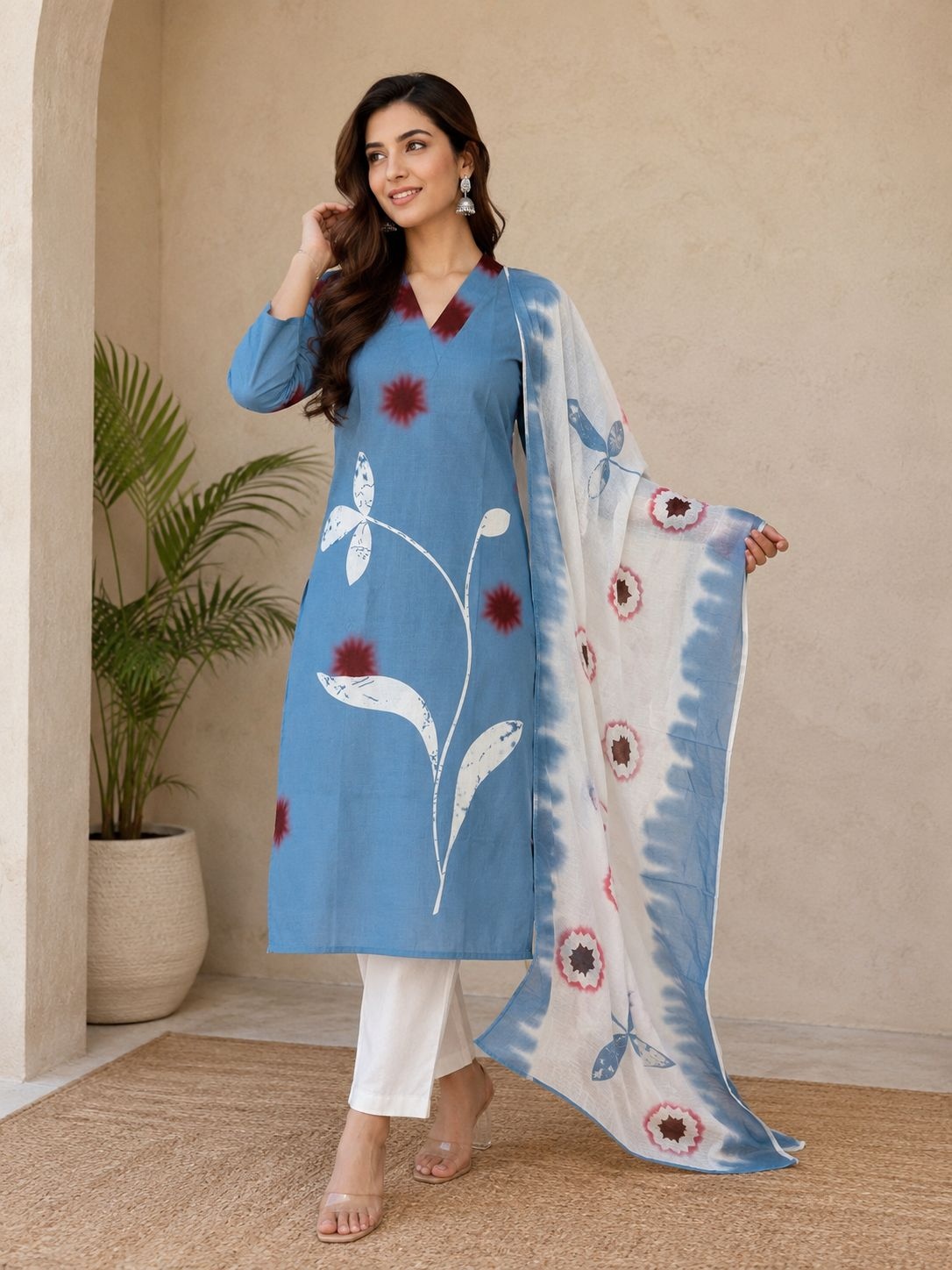 Blue Printed Linen Straight Suit