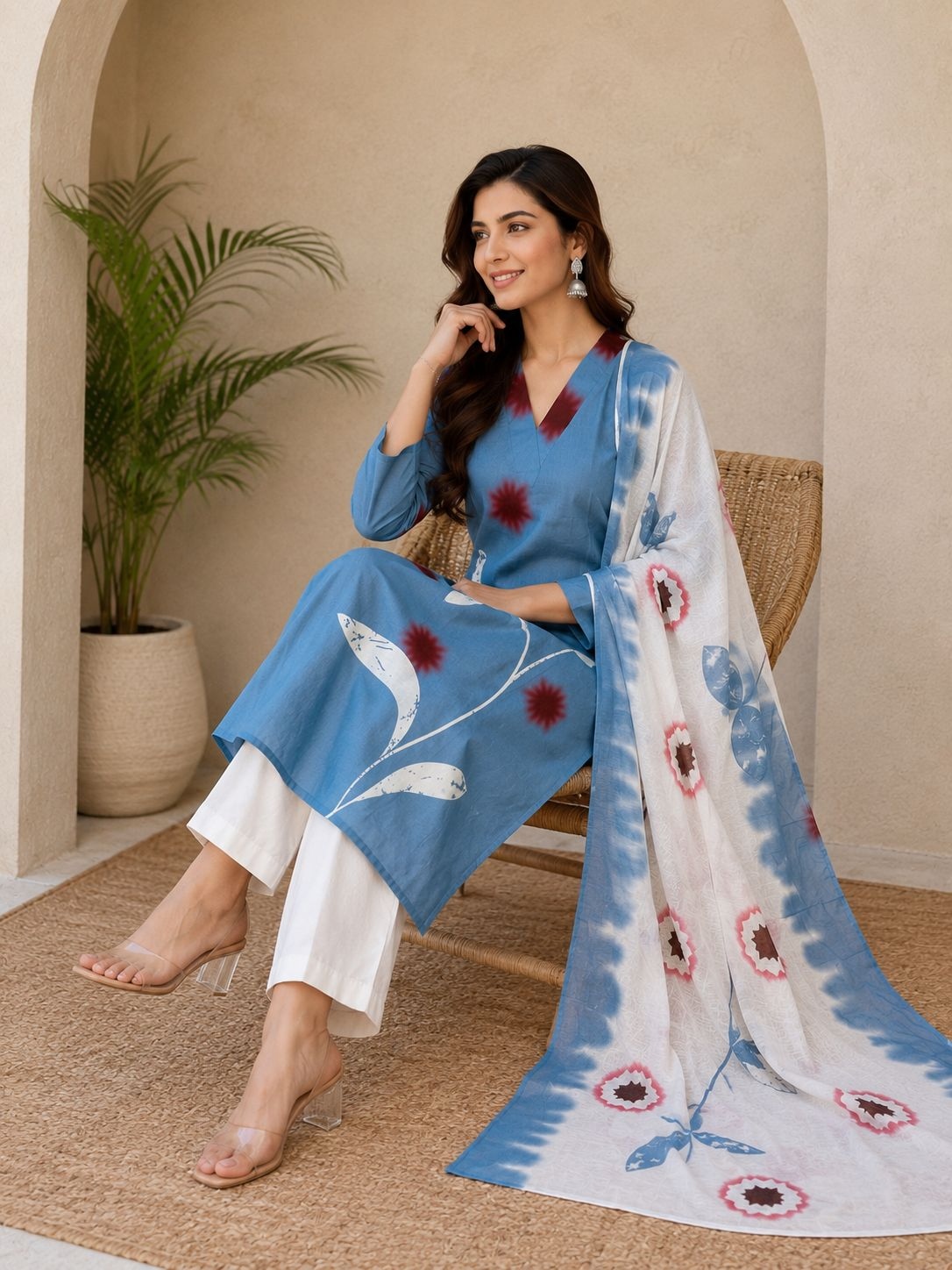 Blue Printed Linen Straight Suit — alternate view