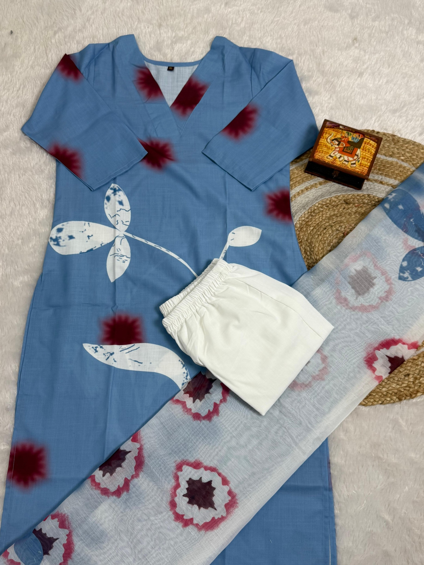 Blue Printed Linen Straight Suit