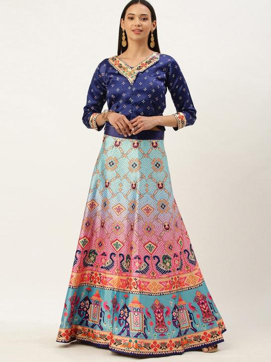 Blue Printed Multicolor Crop Top Lehenga