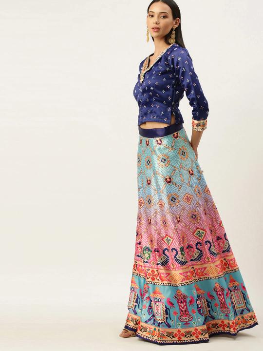 Blue Printed Multicolor Crop Top Lehenga