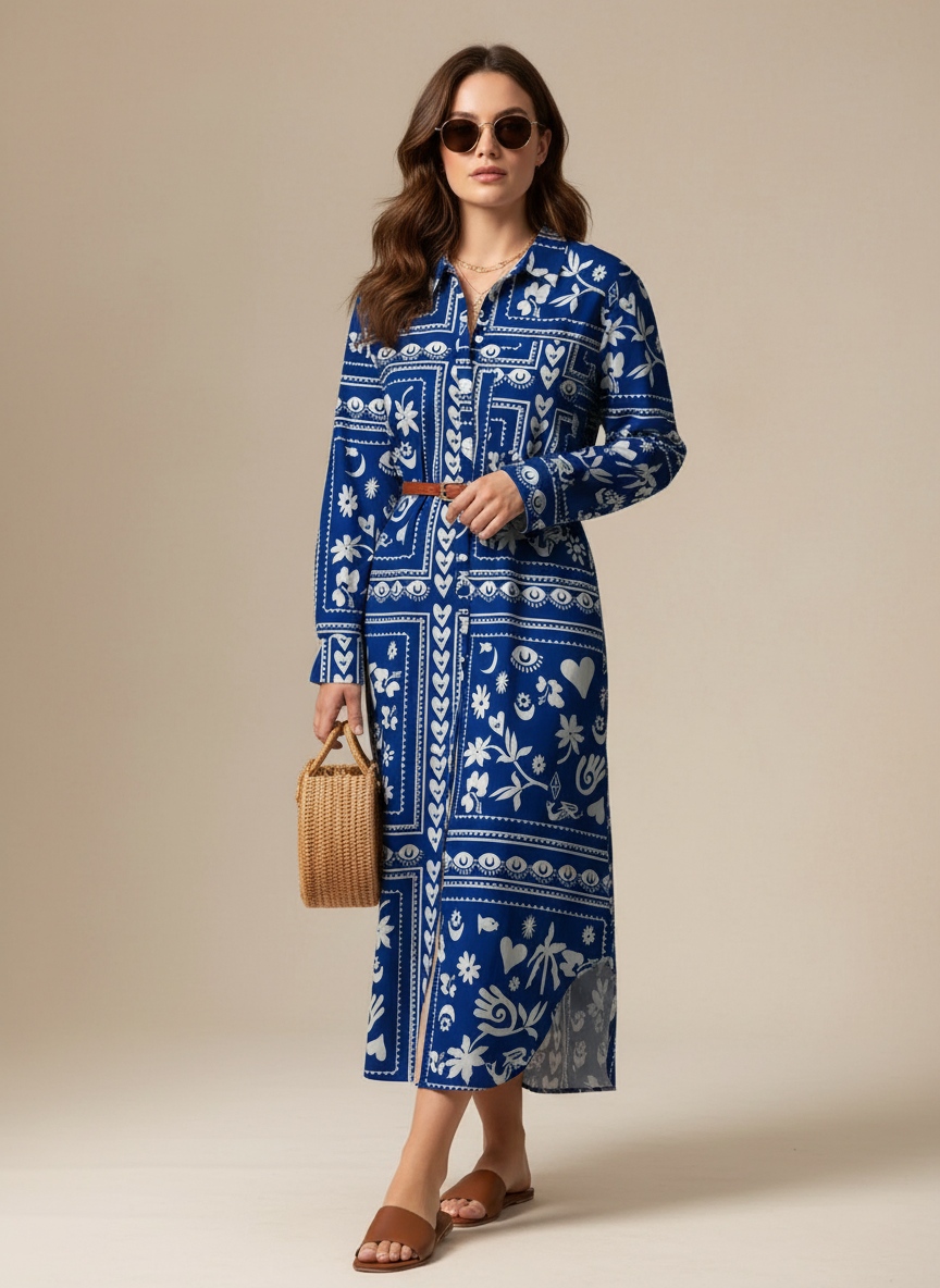 Blue Printed Muslin Shirt Dress