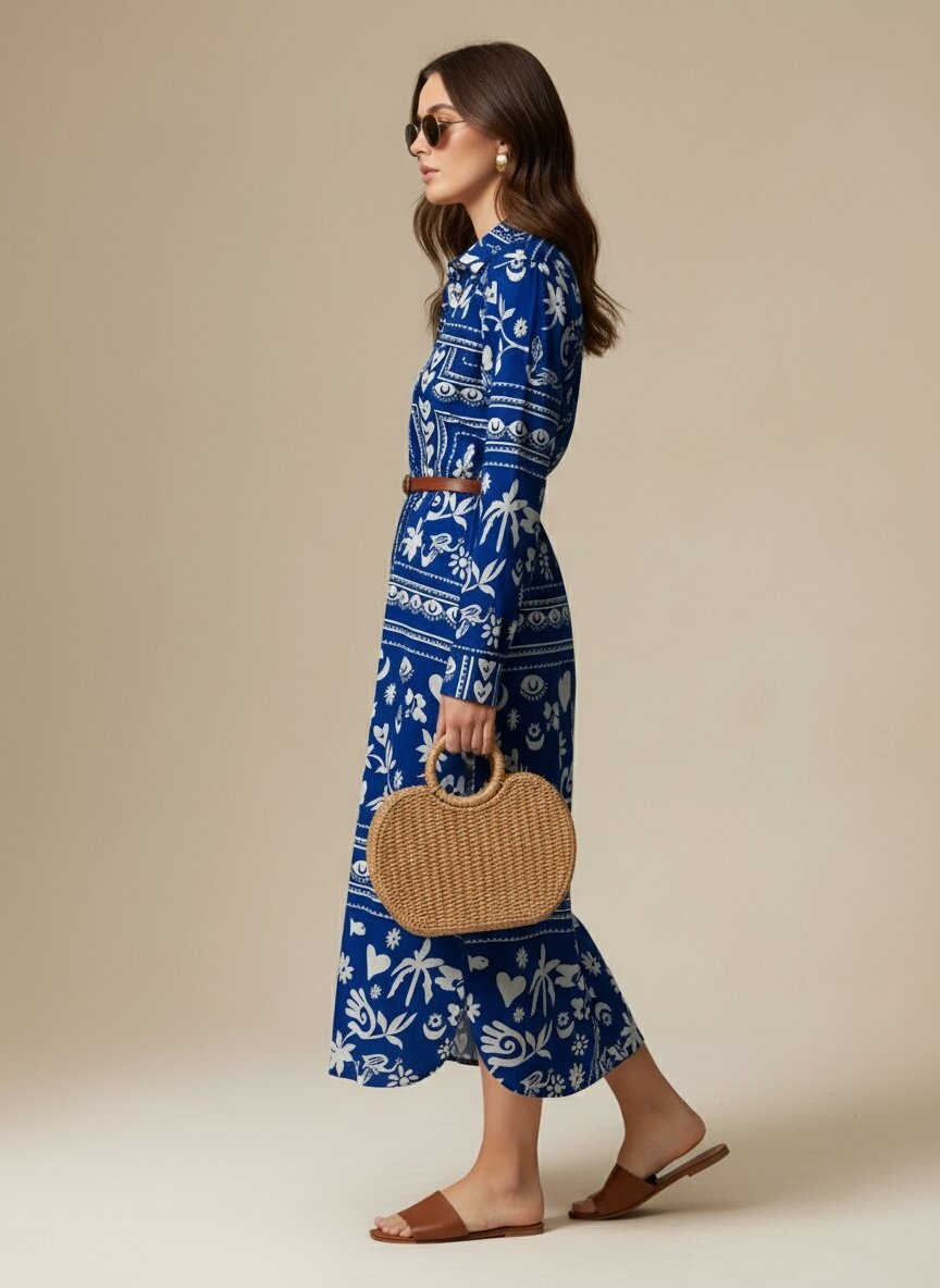 Blue Printed Muslin Shirt Dress