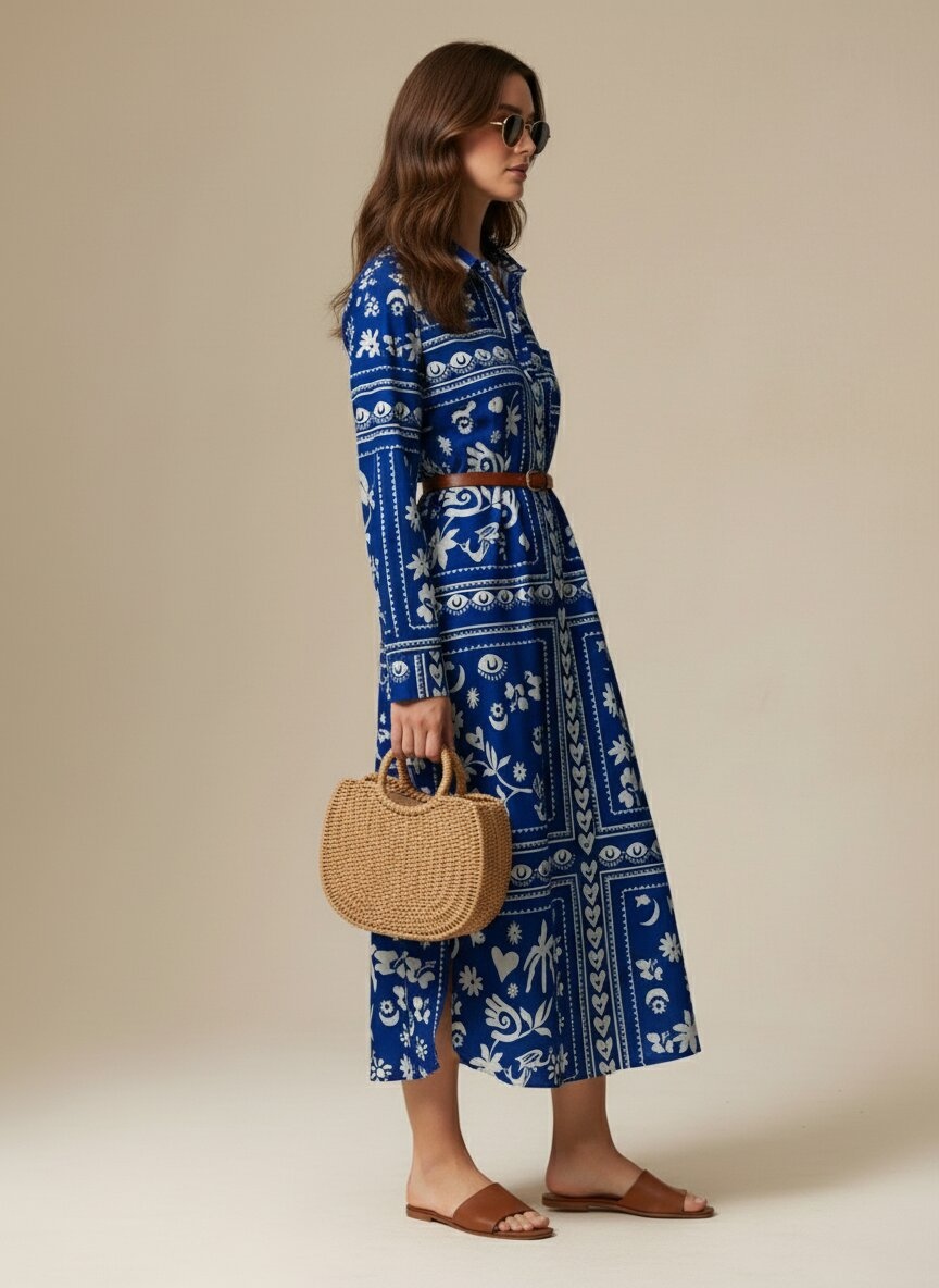 Blue Printed Muslin Shirt Dress